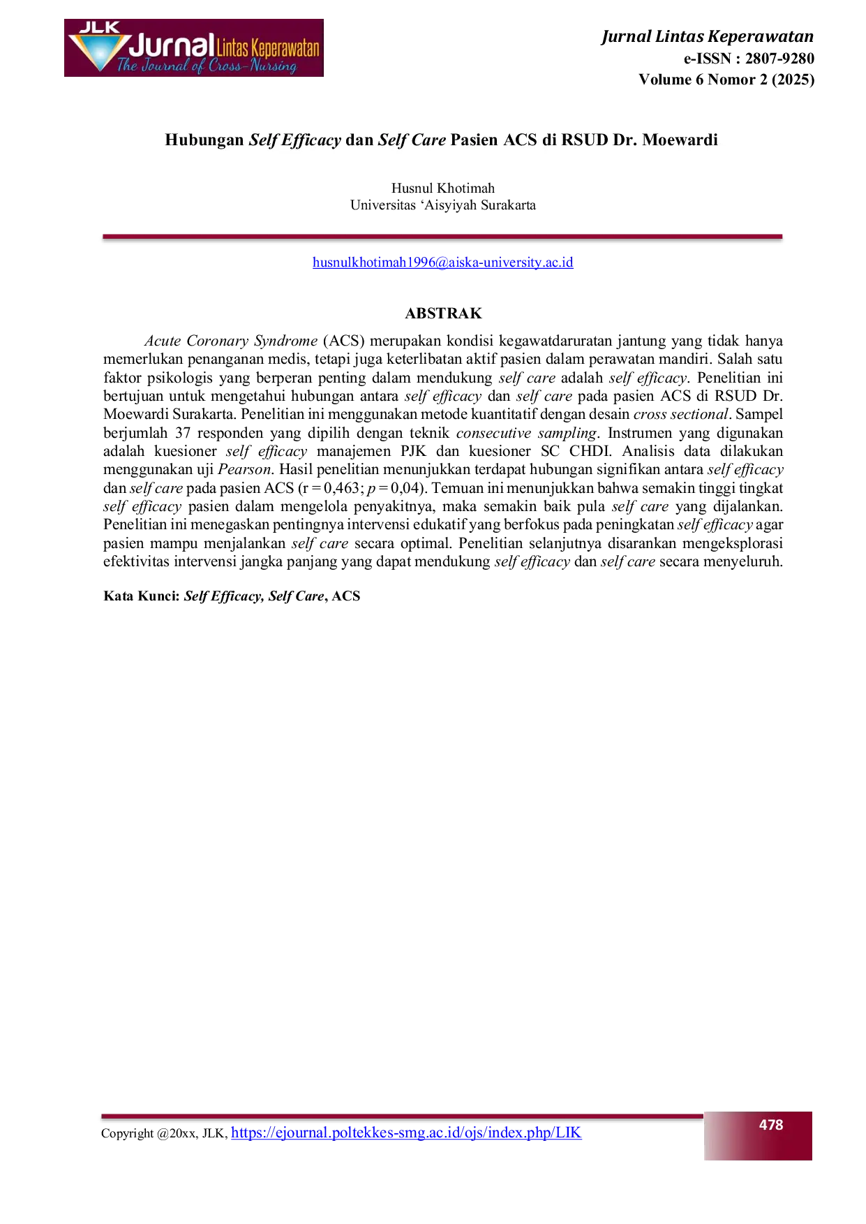 JURIS Hubungan Self Efficacy dan Self Care Pasien ACS di RSUD Dr Moewardi