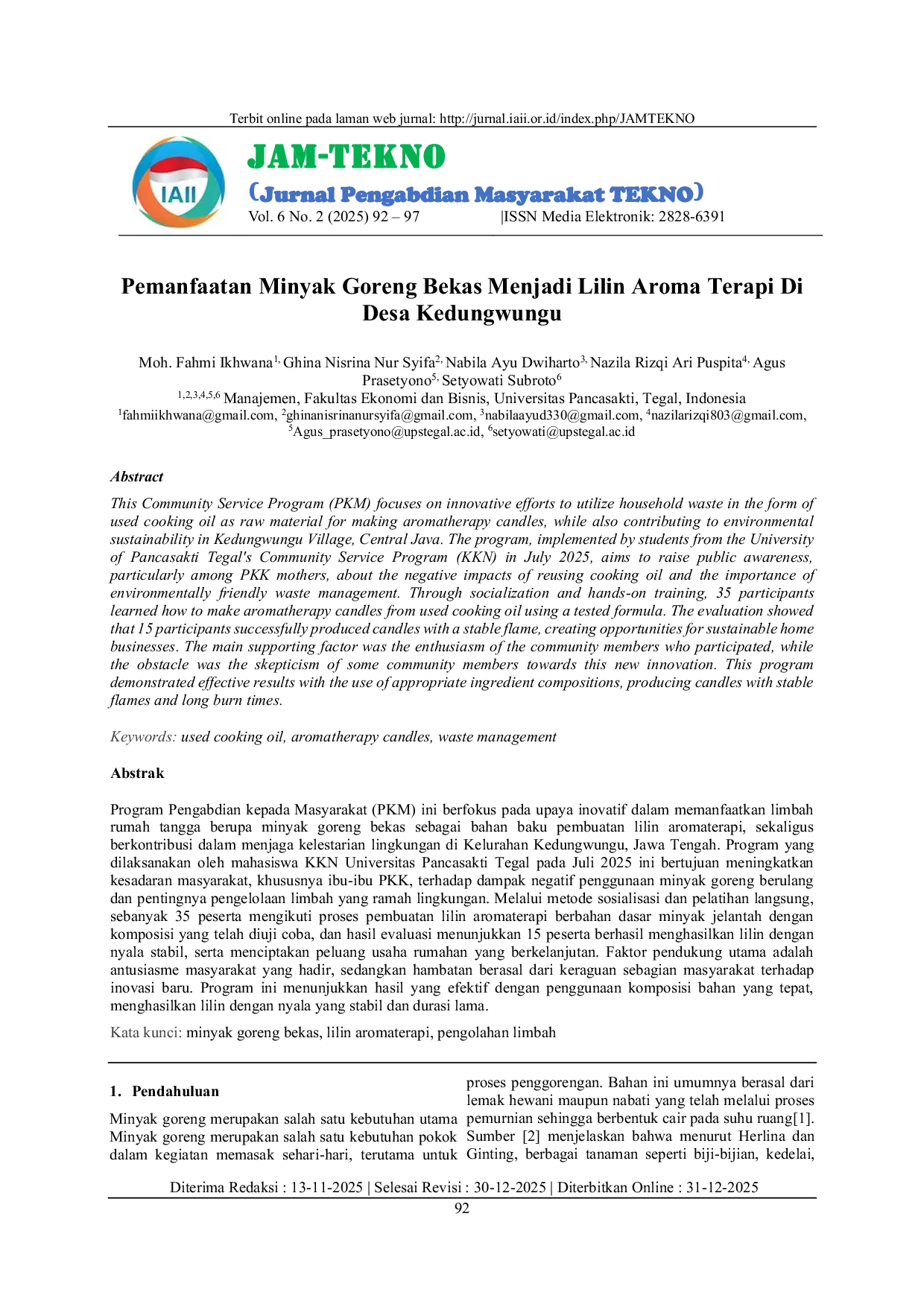 JURIS Pemanfaatan Minyak Goreng Bekas Menjadi Lilin Aroma Terapi Di Desa Kedungwungu