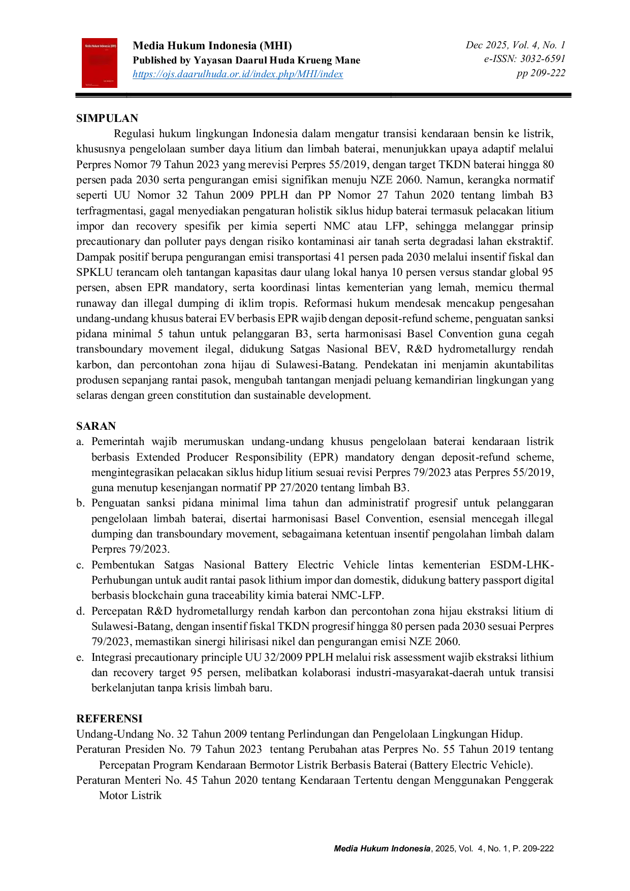 JURIS Kajian Hukum Lingkungan Atas Transisi Mobil Berbahan Bensin Ke Listrik Terhadap Penggunaan Litium Dan Limbah Baterai