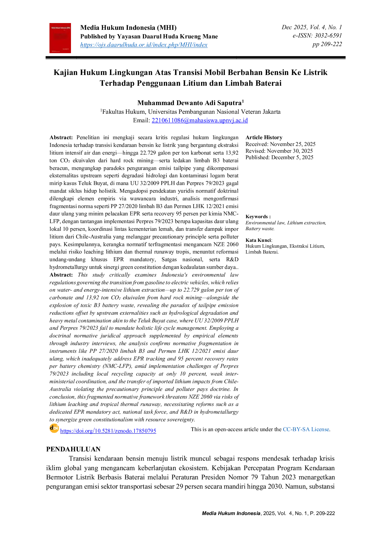 JURIS Kajian Hukum Lingkungan Atas Transisi Mobil Berbahan Bensin Ke Listrik Terhadap Penggunaan Litium Dan Limbah Baterai