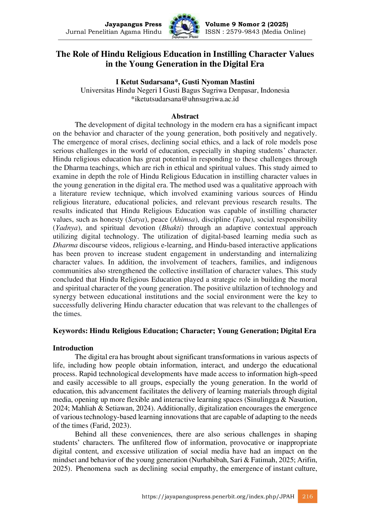 JURIS The Role of Hindu Religious Education in Instilling Character Values in the Young Generation in the Digital Era
