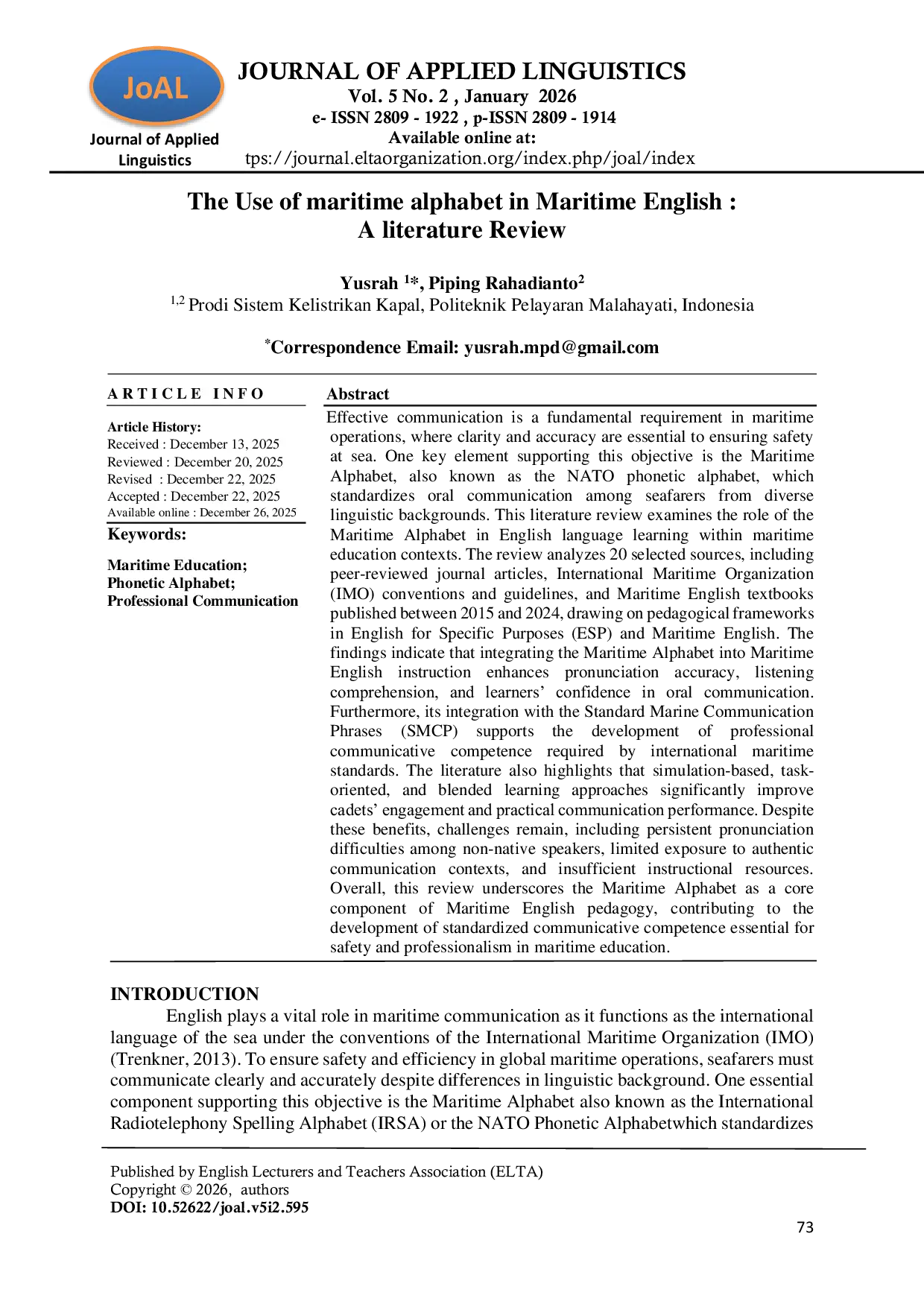 JURIS The Use of Maritime Alphabet in Maritime English A Literature Review