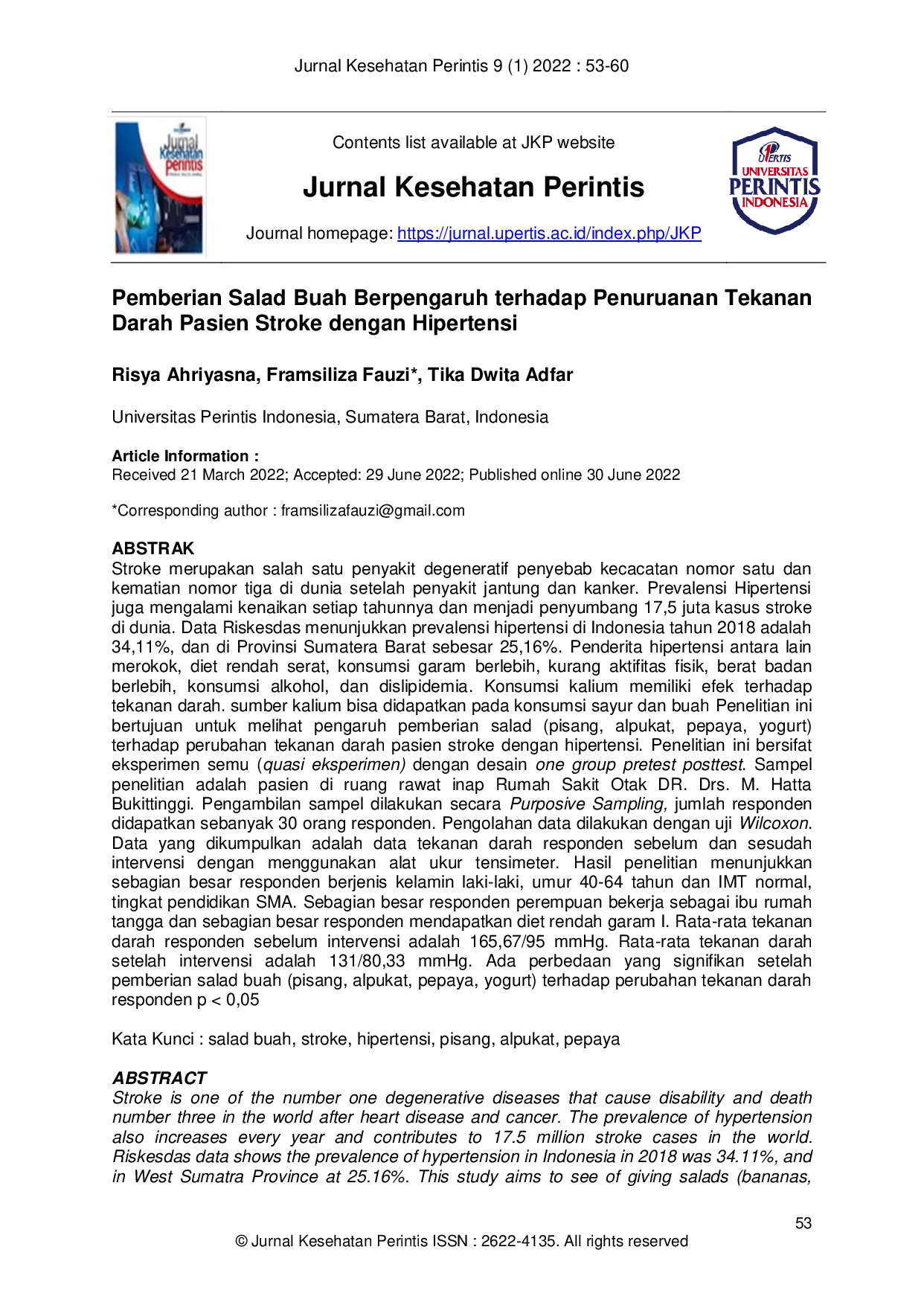 JURIS Pemberian Salad Buah Berpengaruh terhadap Penuruanan Tekanan Darah Pasien Stroke dengan Hipertensi