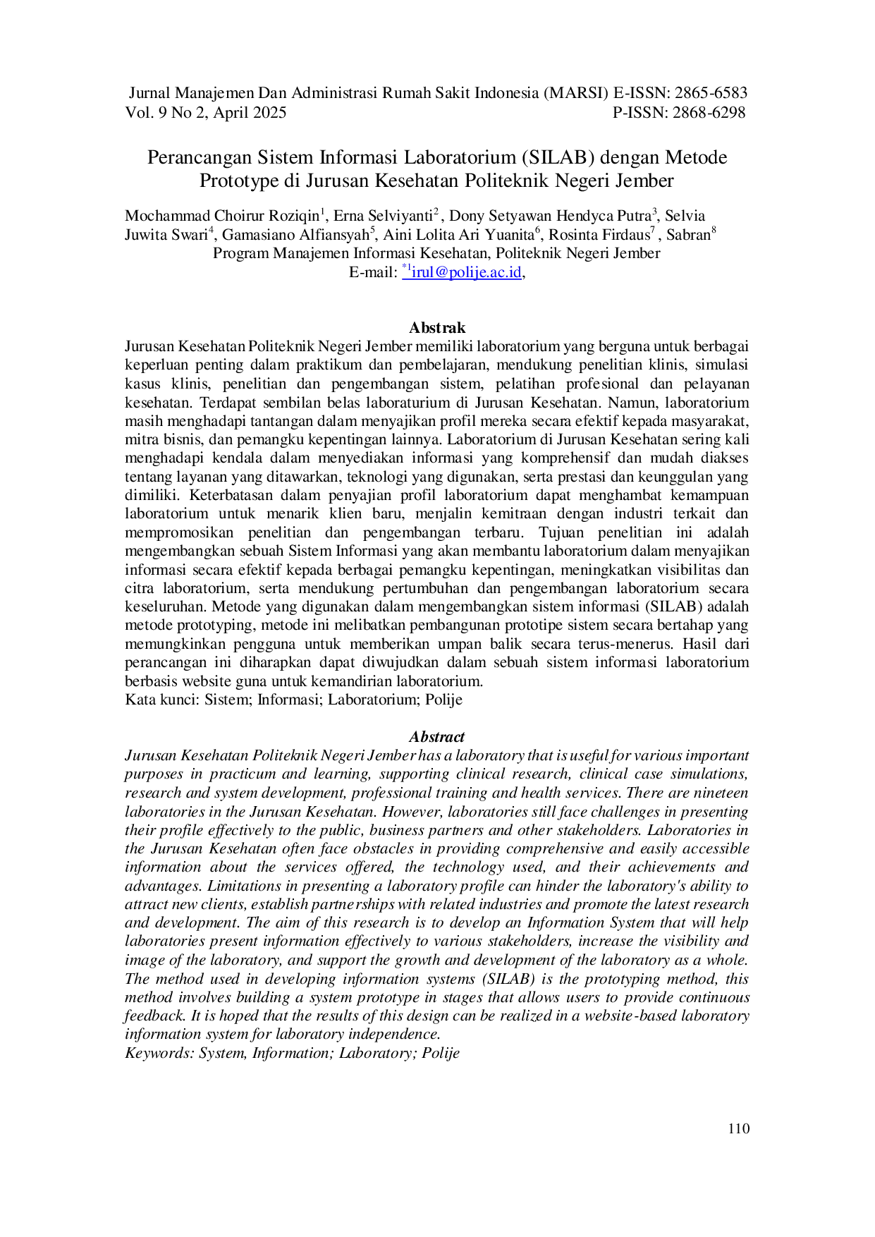 JURIS Perancangan Sistem Informasi Laboratorium SILAB Dengan Metode Prototype Di Jurusan Kesehatan Politeknik Negeri Jember