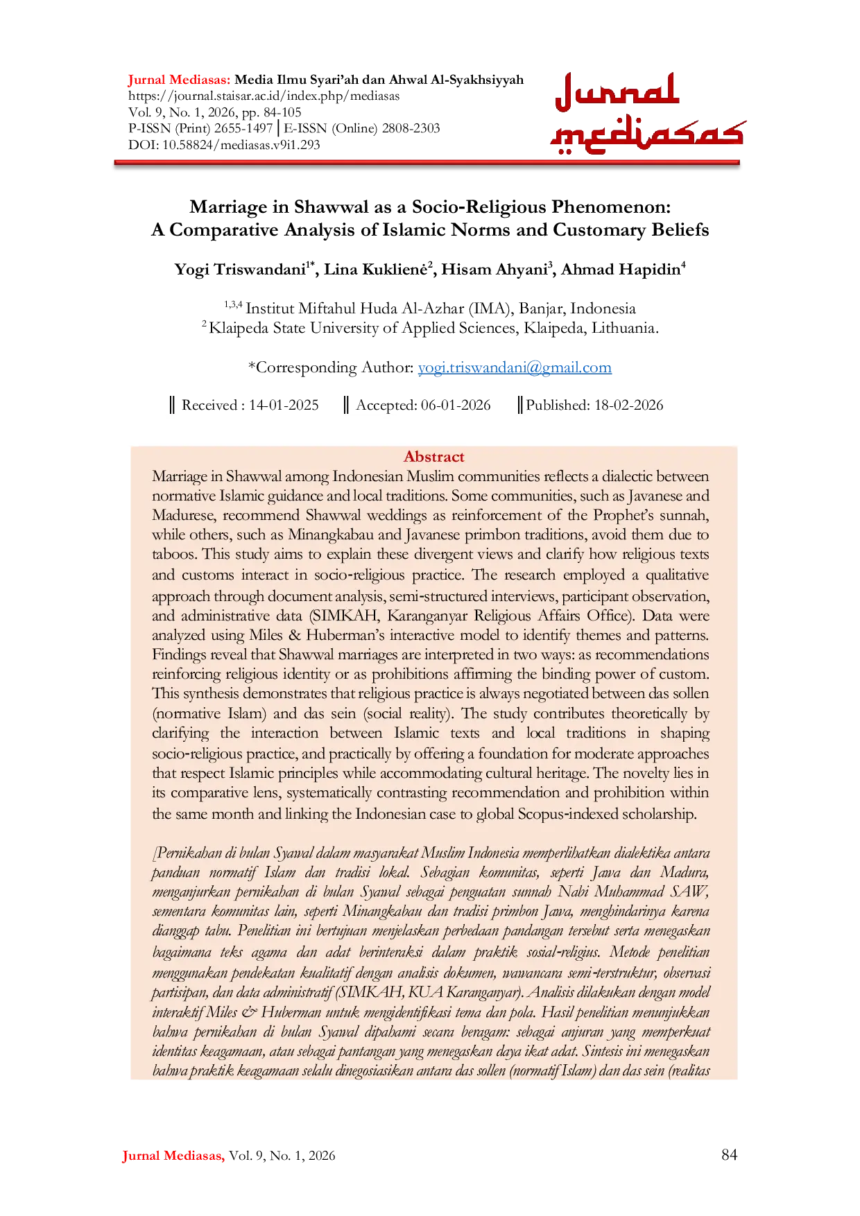 JURIS Marriage in Shawwal as a Socio Religious Phenomenon A Comparative Analysis of Islamic Norms and Customary Beliefs