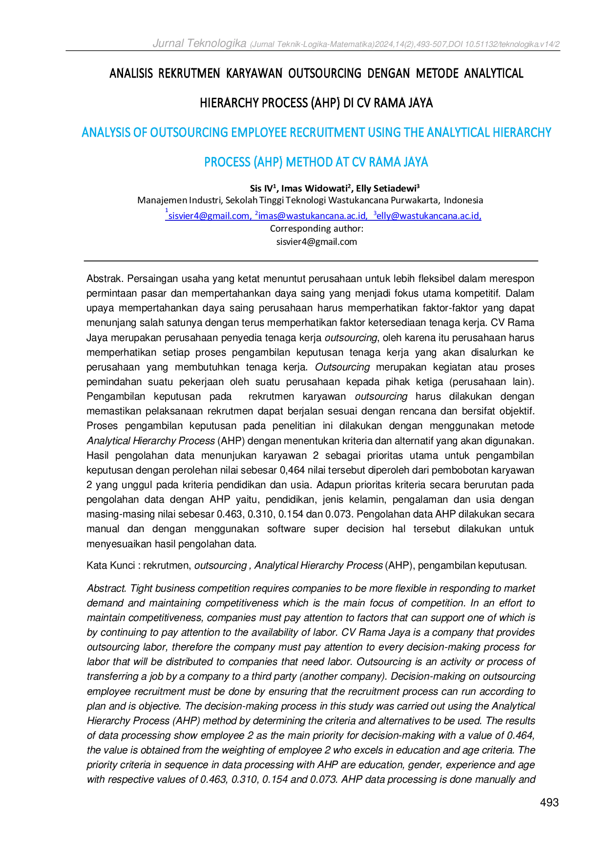 JURIS Analisis Rekrutmen Karyawan Outsourcing Dengan Metode Analytical Hierarchy Process AHP Di CV Rama Jaya