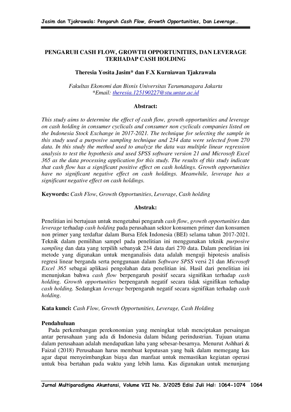 JURIS Pengaruh Cash Flow Growth Opportunities Dan Leverage Terhadap Cash Holding