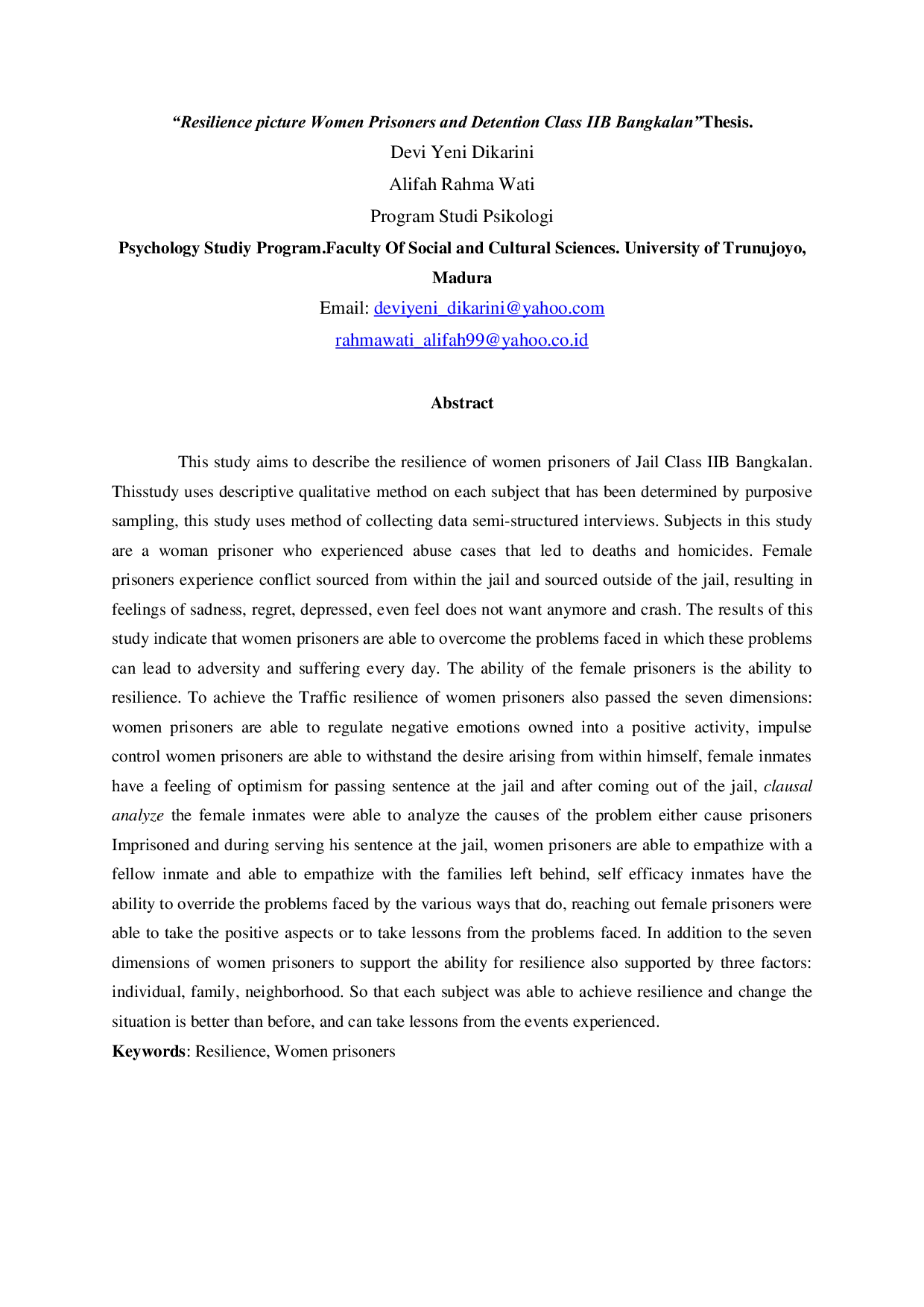 JURIS Resilience picture Women Prisoners and Detention Class IIB Bangkalan Thesis