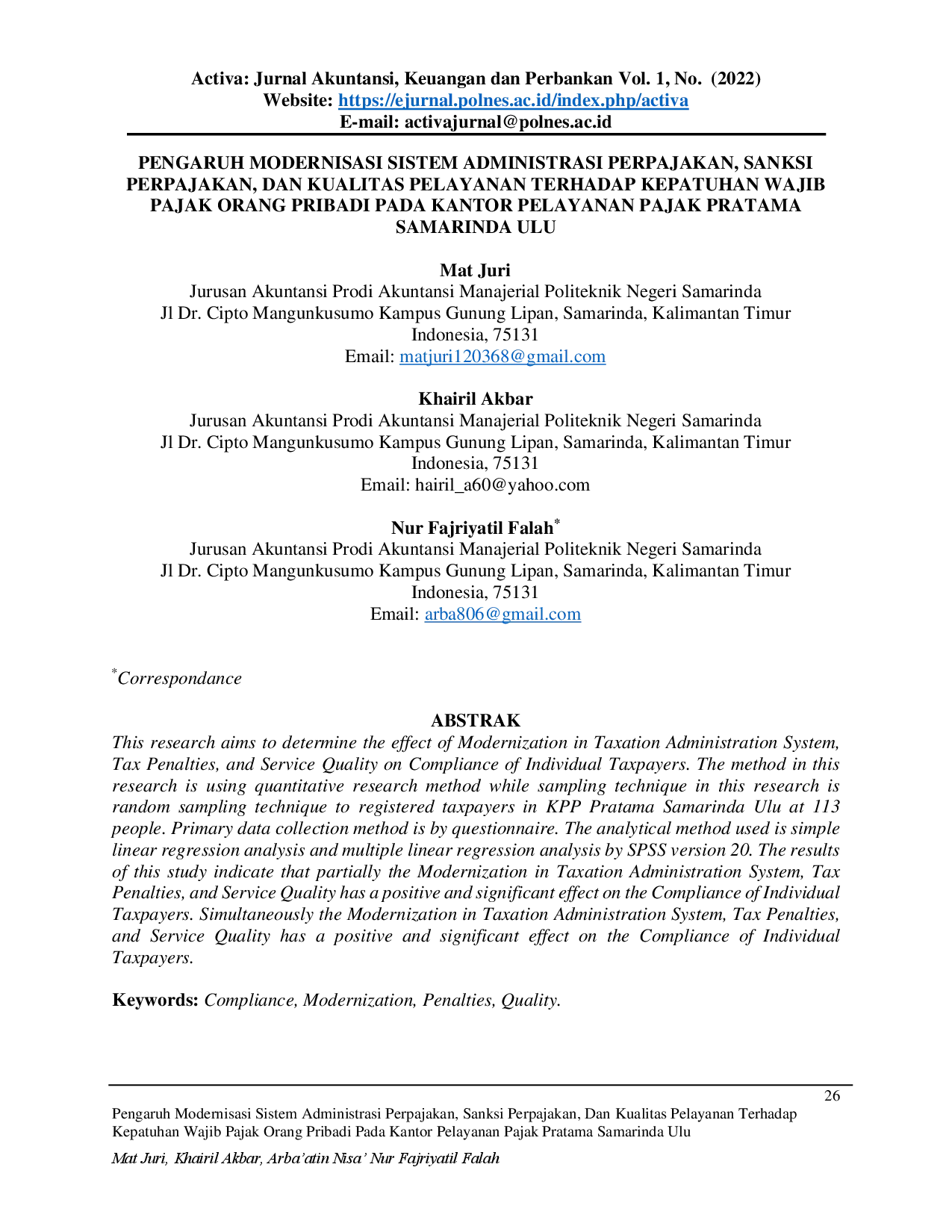 juris Pengaruh Modernisasi Sistem Administrasi Perpajakan Sanksi Perpajakan dan Kualitas Pelayanan Terhadap Kepatuhan Wajib Pajak Orang Pribadi Pada Kantor Pelayanan Pajak Pratama Samarinda Ulu