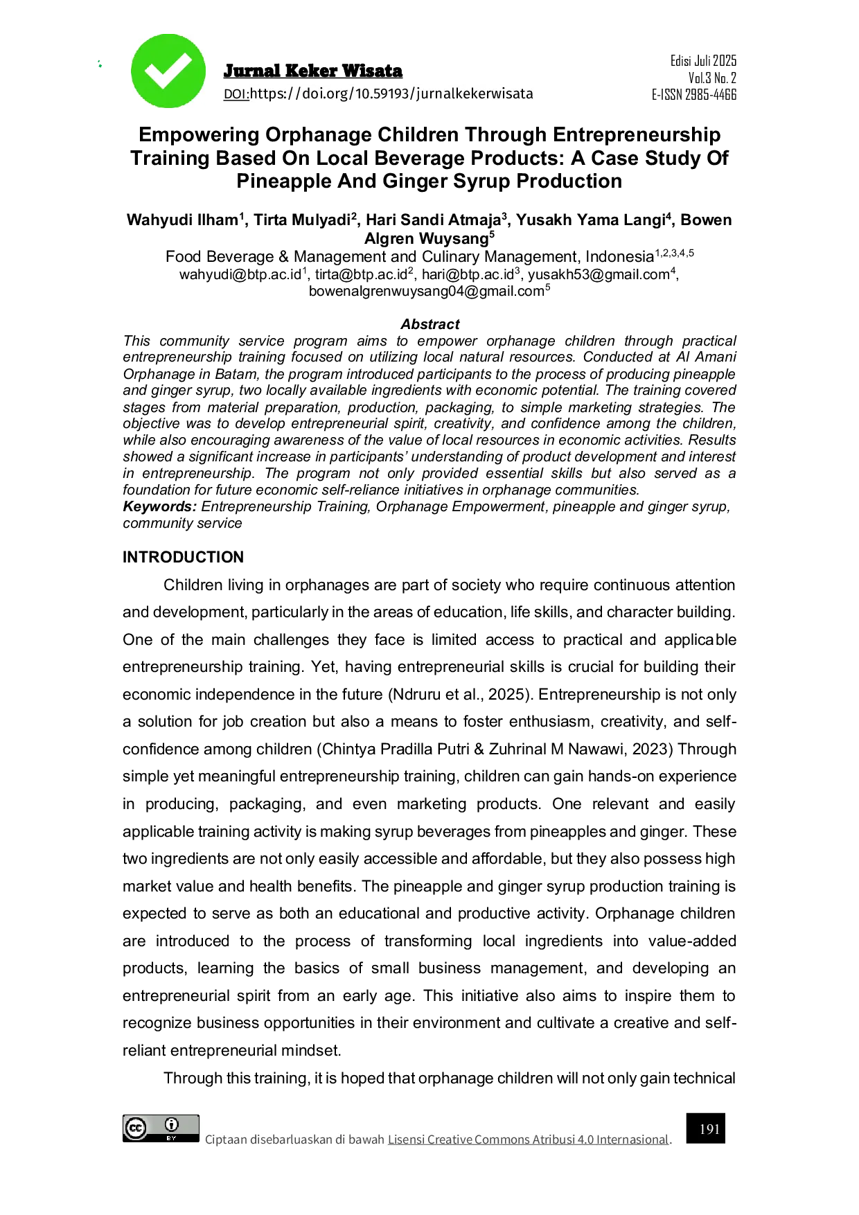 JURIS Empowering Orphanage Children Through Entrepreneurship Training Based On Local Beverage Products A Case Study Of Pineapple And Ginger Syrup Production