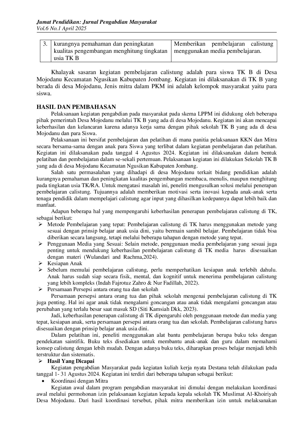 JURIS Pembelajaran Dan Pelatihan Buku Super Cepat Belajar Calistung Di Tk Muslimat Al Khoiriyah Desa Mojodanu