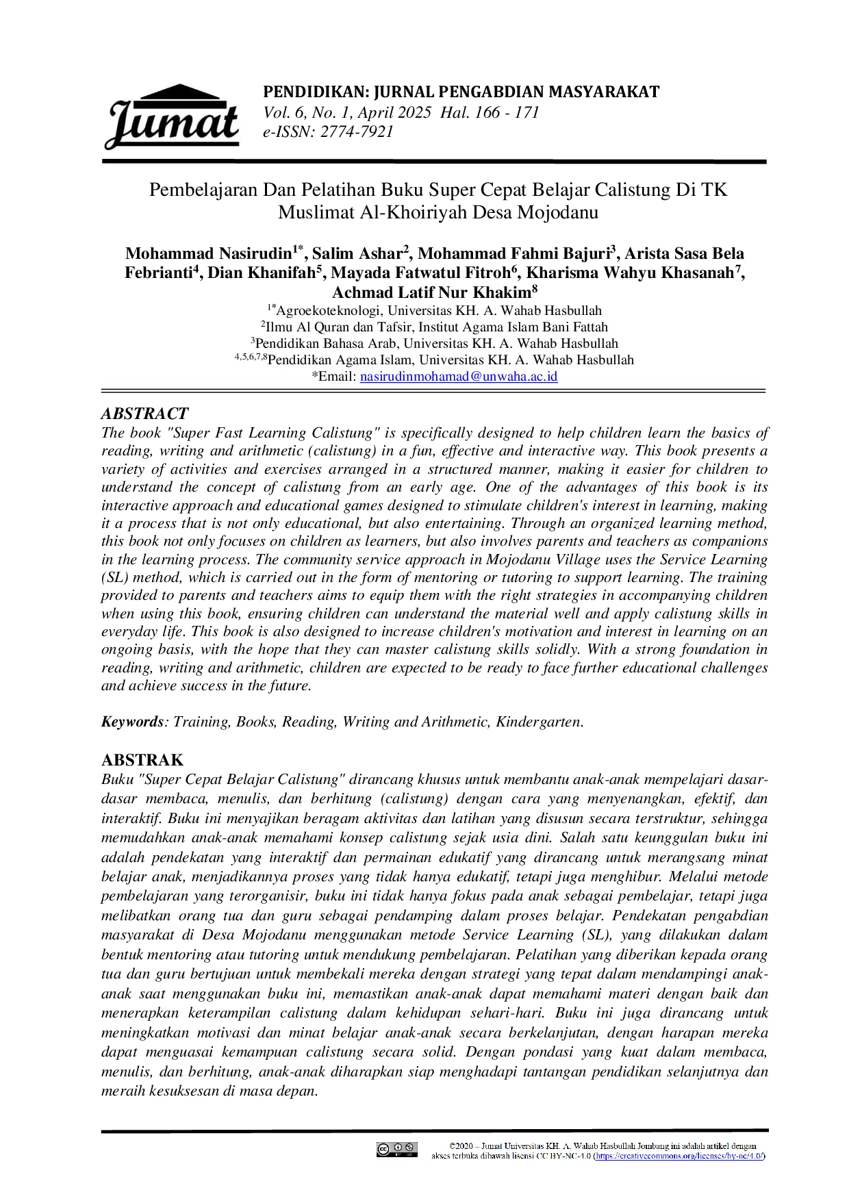 JURIS Pembelajaran Dan Pelatihan Buku Super Cepat Belajar Calistung Di Tk Muslimat Al Khoiriyah Desa Mojodanu