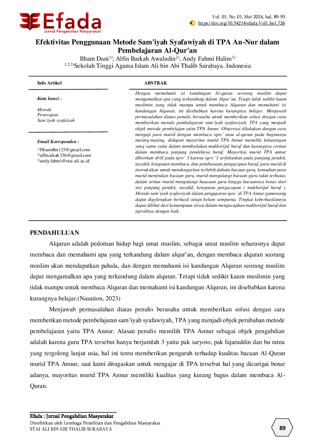 JURIS Efektivitas Penggunaan Metode Sam iyah Syafawiyah di TPA An Nur dalam Pembelajaran Al Qur an