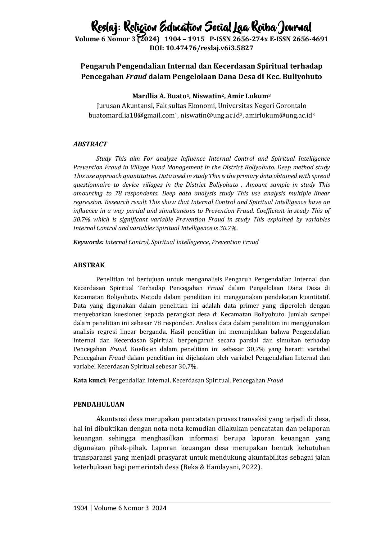 JURIS Pengaruh Pengendalian Internal dan Kecerdasan Spiritual terhadap Pencegahan Fraud dalam Pengelolaan Dana Desa di Kec Buliyohuto