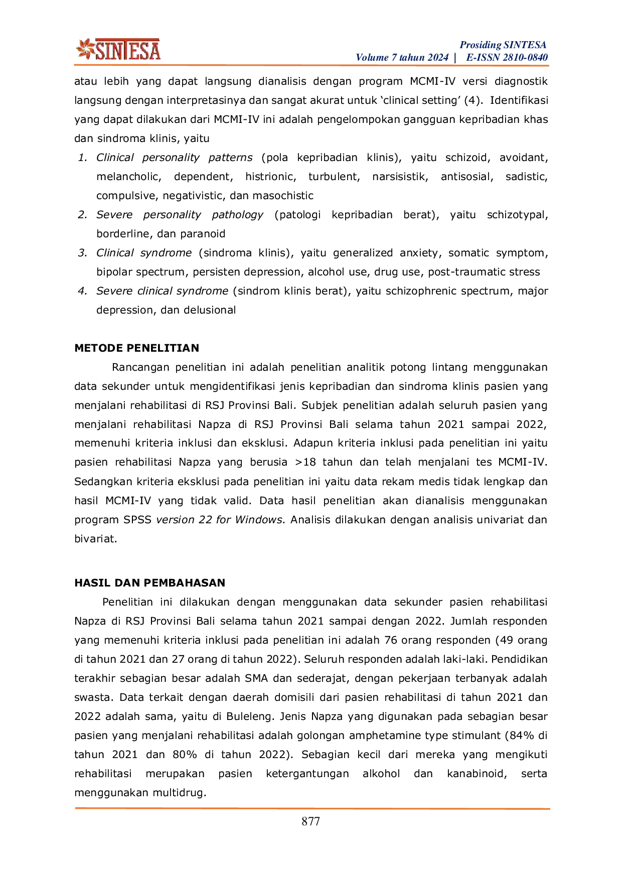JURIS Pola Kepribadian dan Sindroma Klinis Pasien Rehabilitasi Napza di RSJ Provinsi Bali
