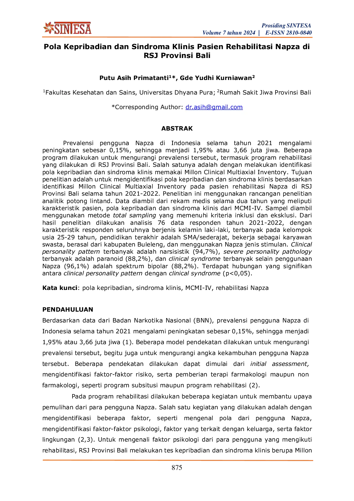 JURIS Pola Kepribadian dan Sindroma Klinis Pasien Rehabilitasi Napza di RSJ Provinsi Bali