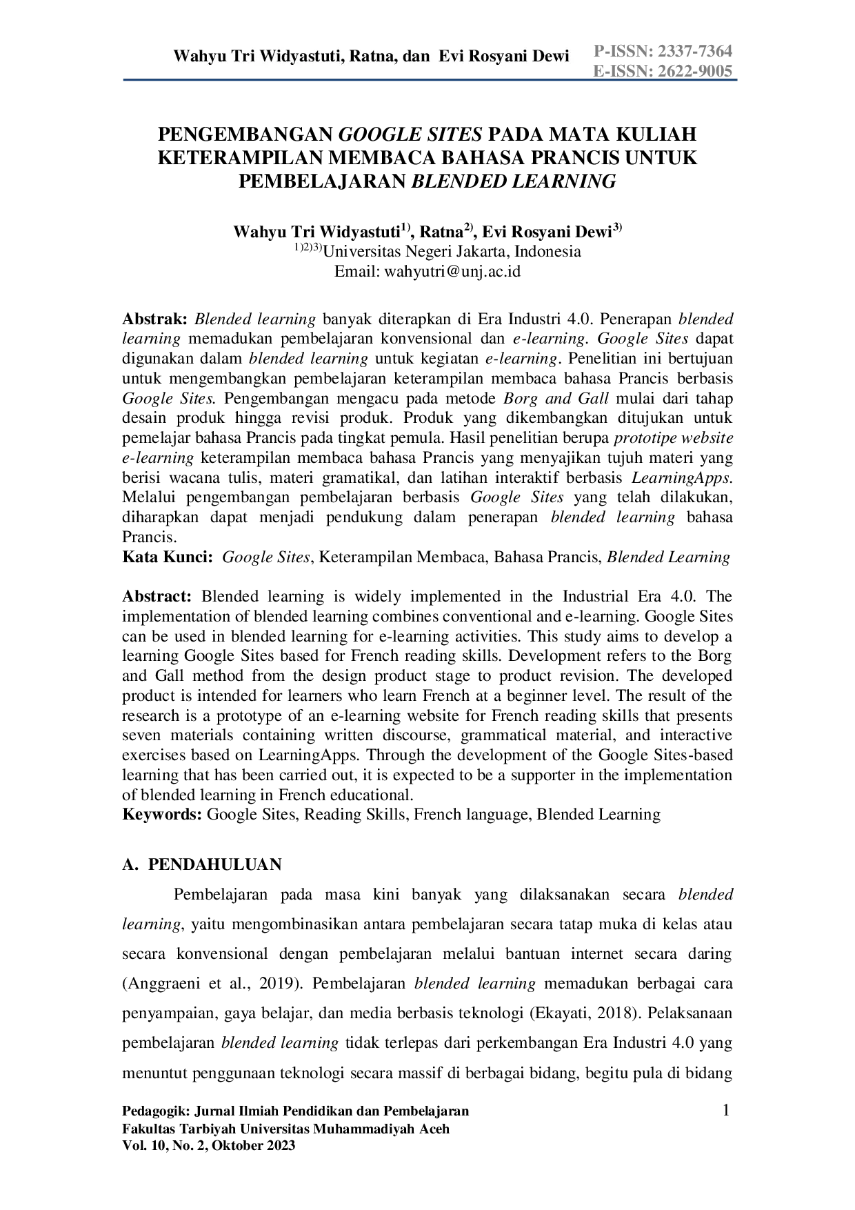 JURIS Pengembangan Google Sites Pada Mata Kuliah Keterampilan Membaca Bahasa Prancis Untuk Pembelajaran Blended Learning
