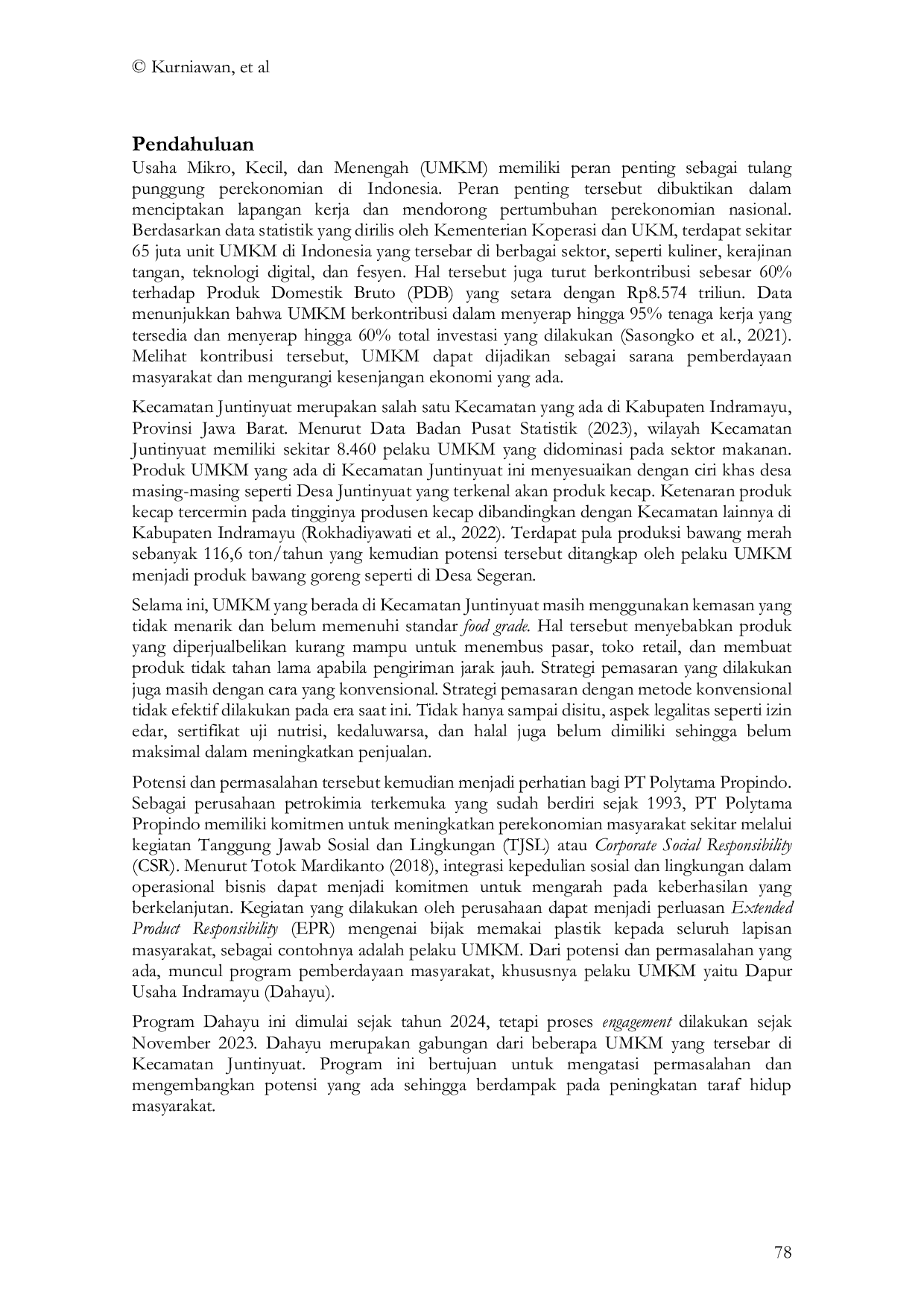 JURIS Implementation of PT Polytama Propindo Community Empowerment Program through the Dapur Usaha Indramayu Dahayu