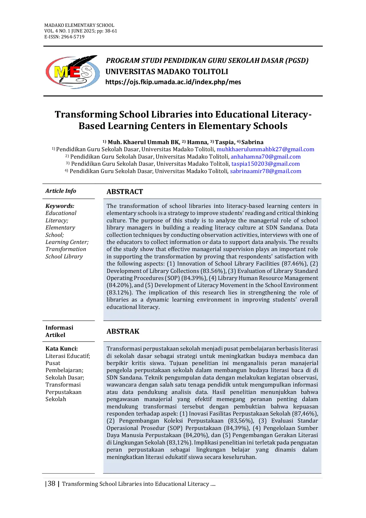 JURIS Transforming School Libraries Towards Educational Literacy Based Learning Centers in Elementary Schools