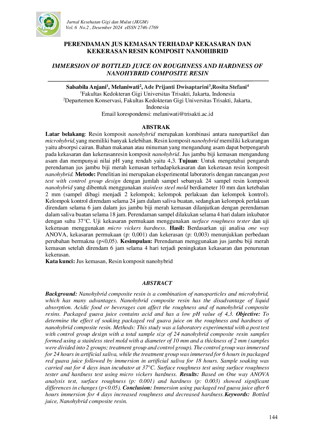 JURIS Perendaman Jus Kemasan Terhadap Kekasaran dan Kekerasan Resin Komposit Nanohibrid