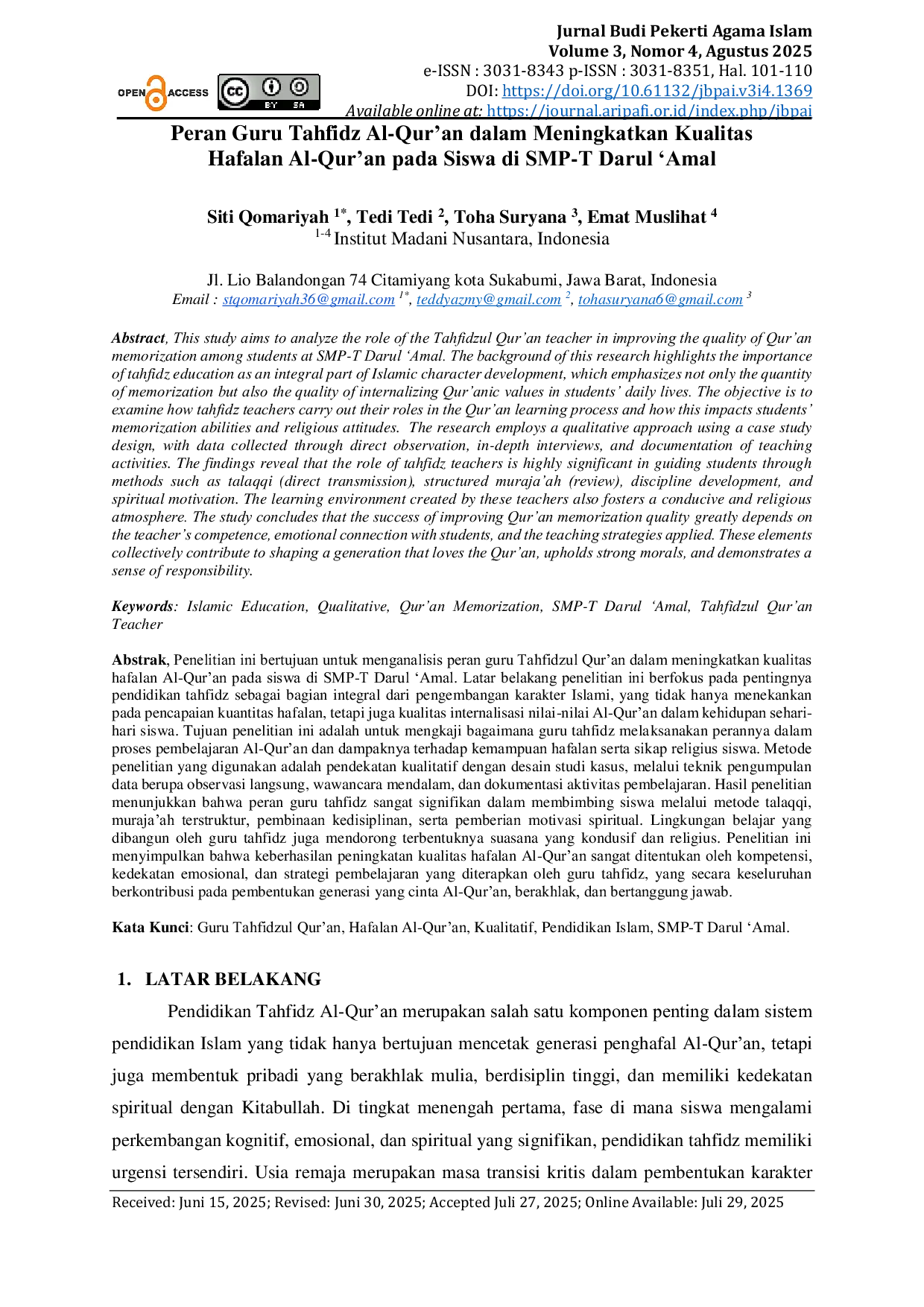JURIS Peran Guru Tahfidz Al Qur an dalam Meningkatkan Kualitas Hafalan Al Qur an pada Siswa di SMP T Darul Amal