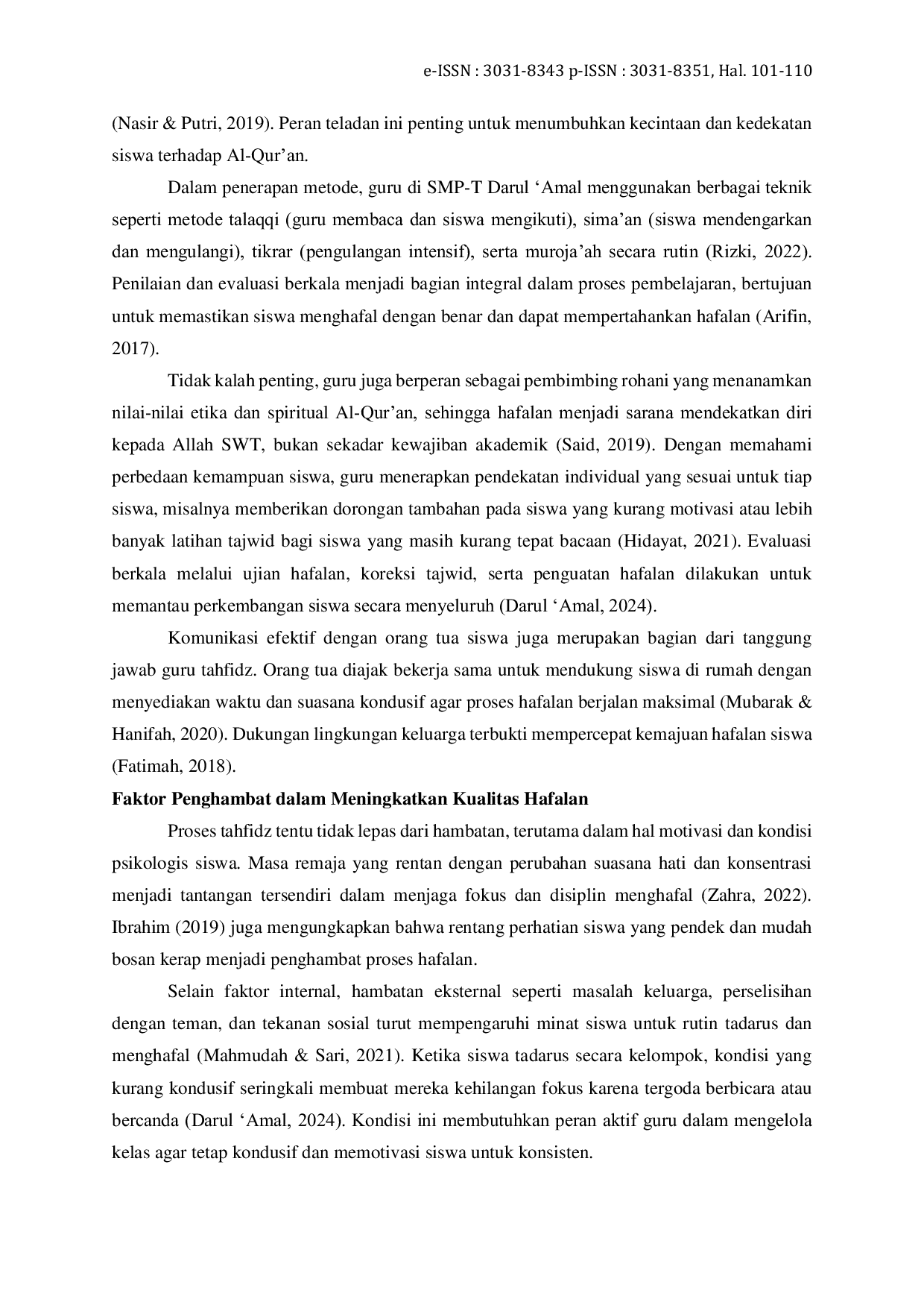JURIS Peran Guru Tahfidz Al Qur an dalam Meningkatkan Kualitas Hafalan Al Qur an pada Siswa di SMP T Darul Amal