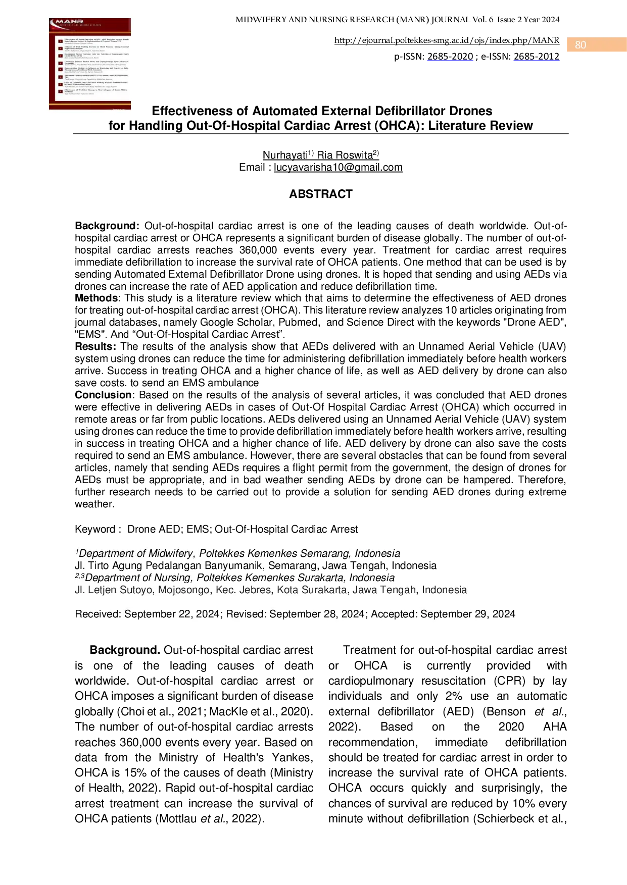 JURIS Effectiveness of Automated External Defibrillator Drones for Handling Out Of Hospital Cardiac Arrest OHCA Literature Review