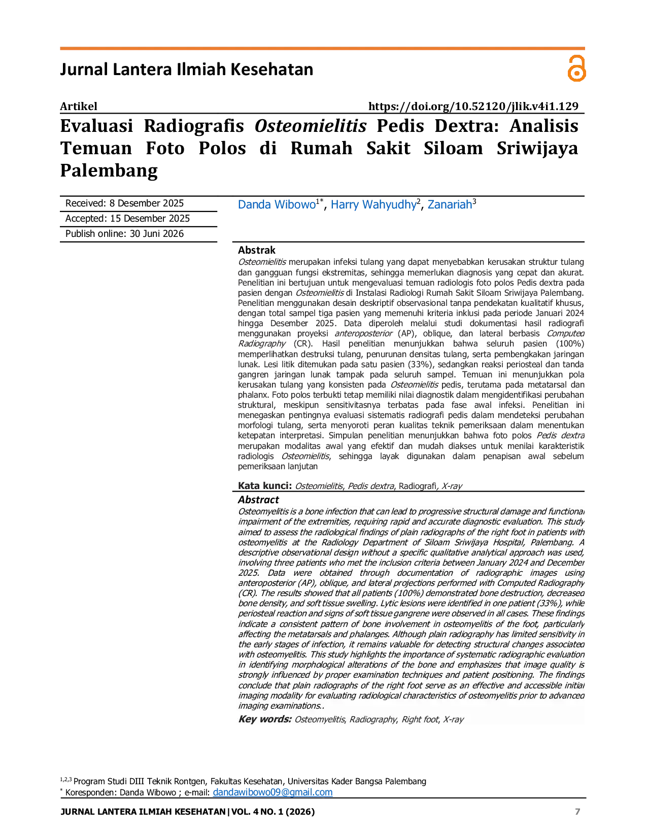 JURIS Evaluasi Radiografis Osteomielitis Pedis Dextra Analisis Temuan Foto Polos di Rumah Sakit Siloam Sriwijaya Palembang