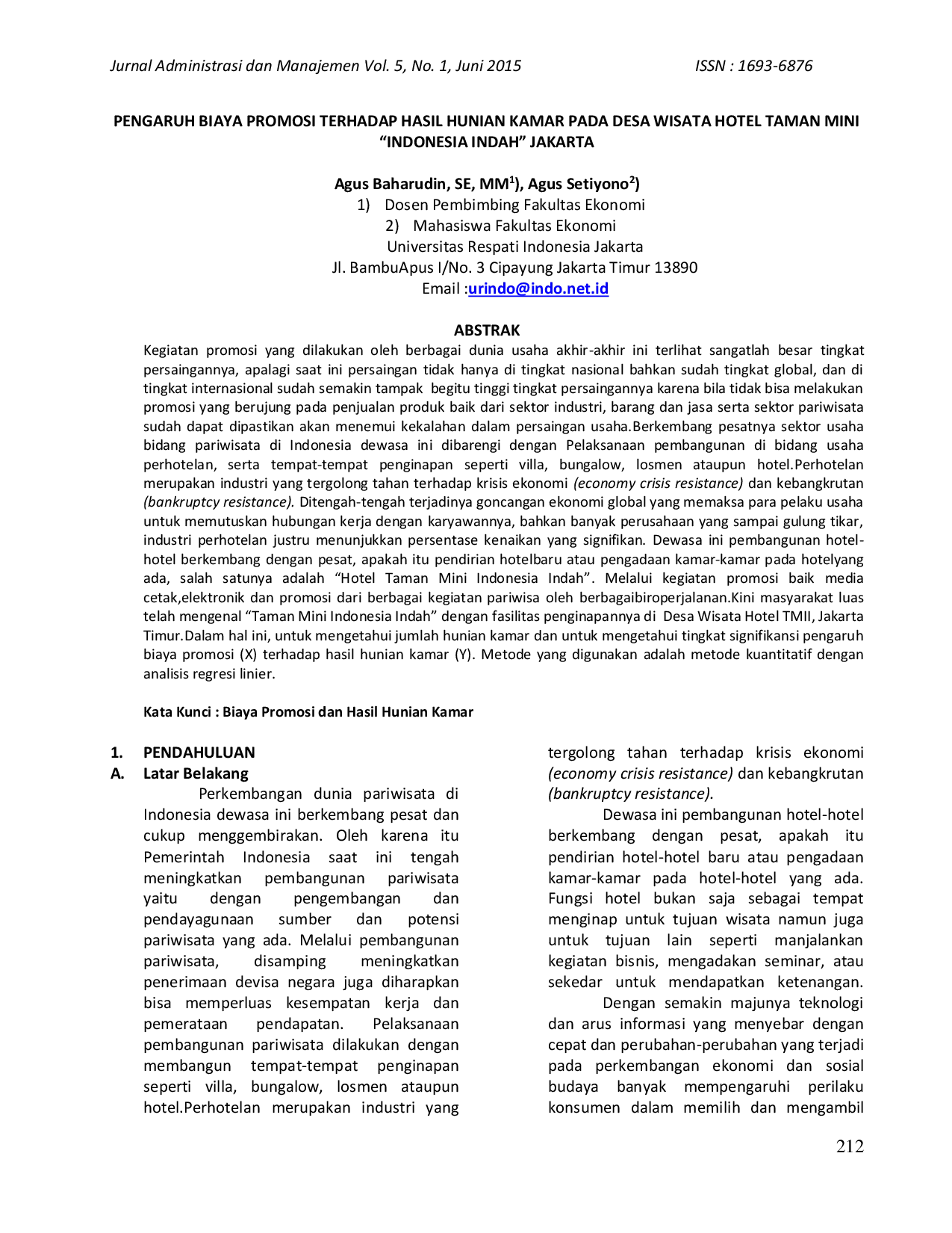 JURIS Pengaruh Biaya Promosi Terhadap Hasil Hunian Kamar Pada Desa Wisata Hotel Taman Mini Indonesia Indah Jakarta