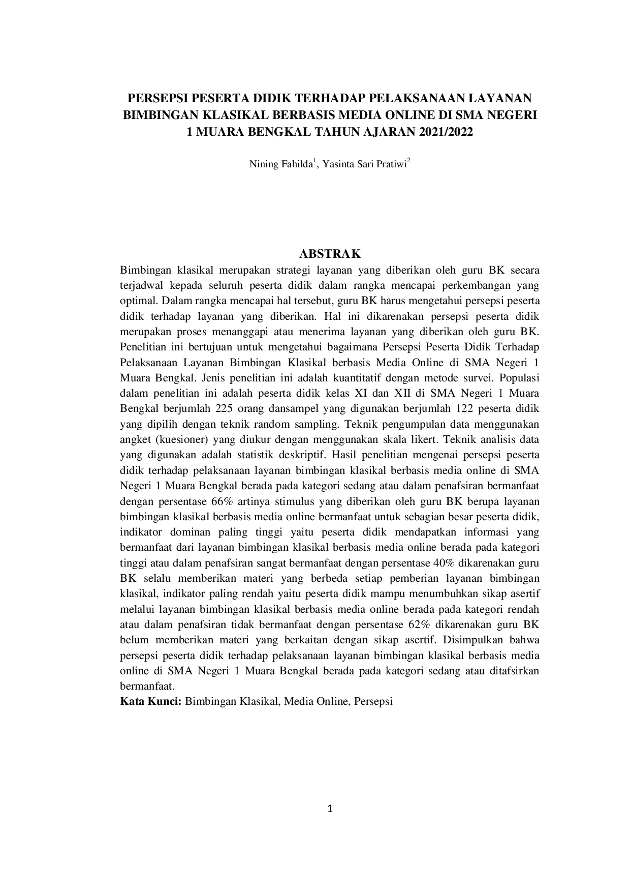 JURIS Persepsi Peserta Didik Terhadap Pelaksanaan Layanan Bimbingan Klasikal Berbasis Media Online Di Sma Negeri 1 Muara Bengkal Tahun Ajaran 2021 2022
