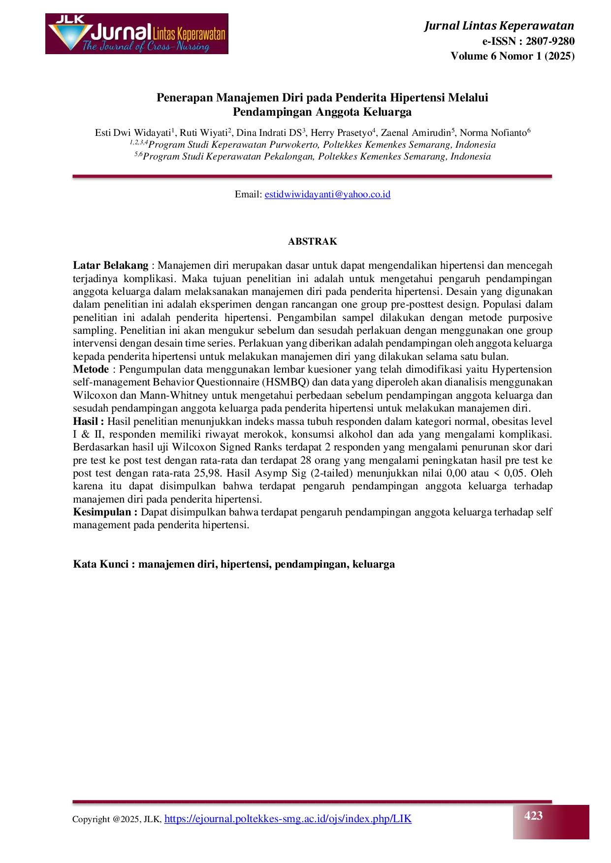 JURIS Penerapan Manajemen Diri pada Penderita Hipertensi Melalui Pendampingan Anggota Keluarga