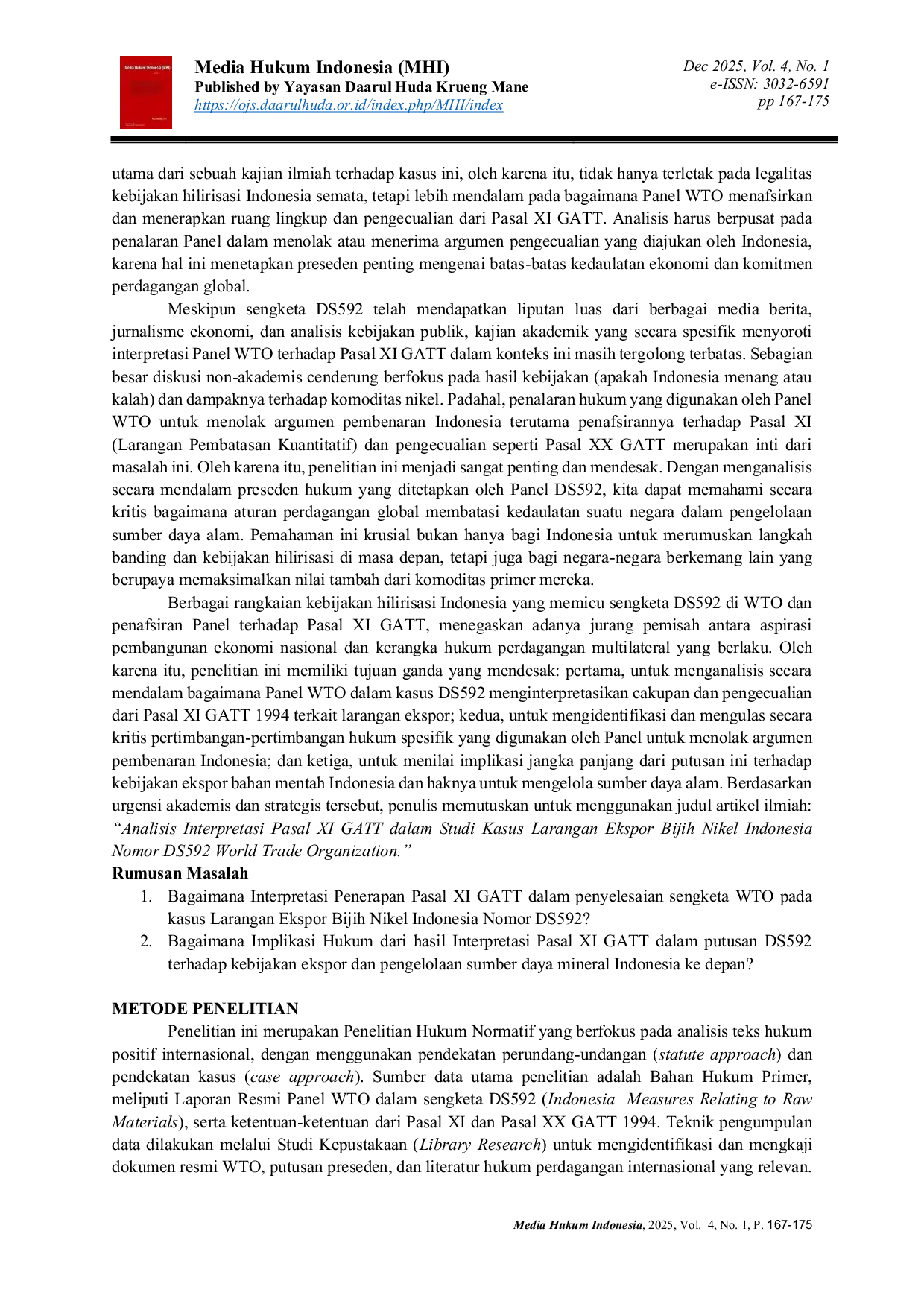 JURIS Analysis of the Interpretation of Article XI GATT in the Case Study of Indonesia s Nickel Ore Export Ban WTO Case No DS592