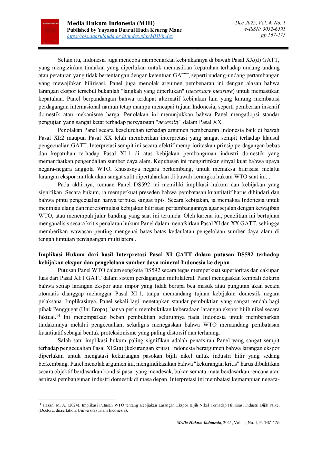 JURIS Analysis of the Interpretation of Article XI GATT in the Case Study of Indonesia s Nickel Ore Export Ban WTO Case No DS592