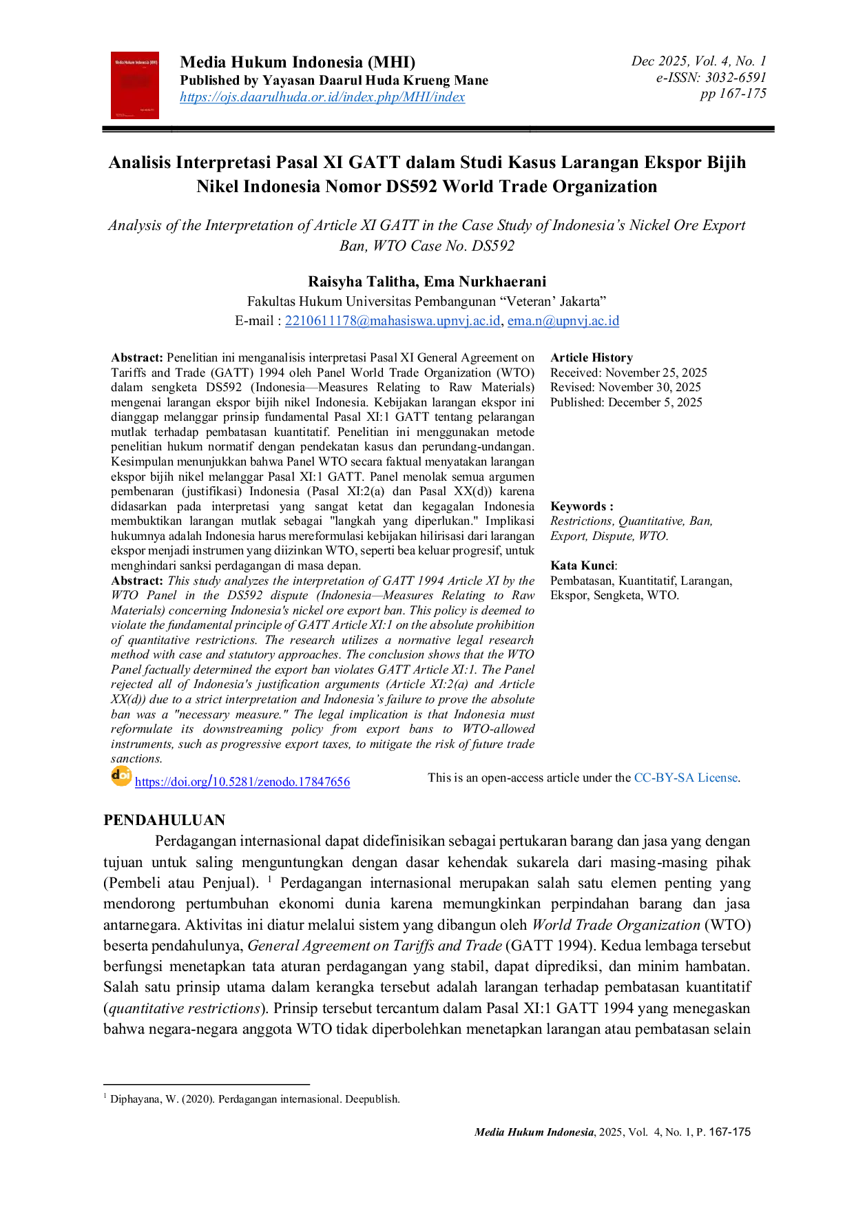 JURIS Analysis of the Interpretation of Article XI GATT in the Case Study of Indonesia s Nickel Ore Export Ban WTO Case No DS592