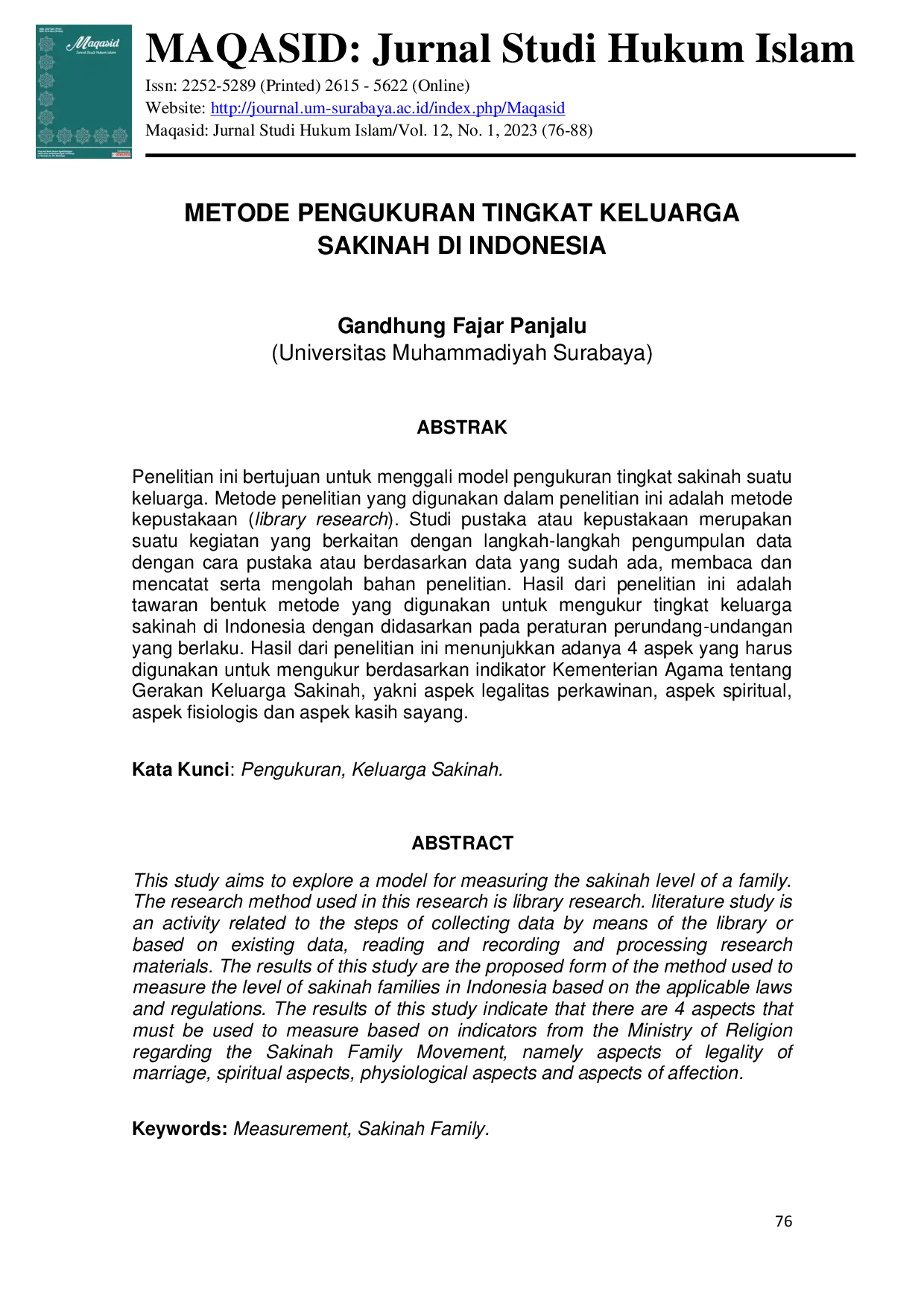 JURIS Metode Pengukuran Tingkat Keluarga Sakinah Di Indonesia