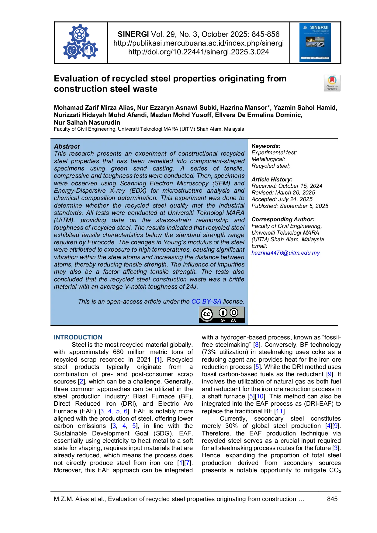 JURIS Evaluation of recycled steel properties originating from construction steel waste