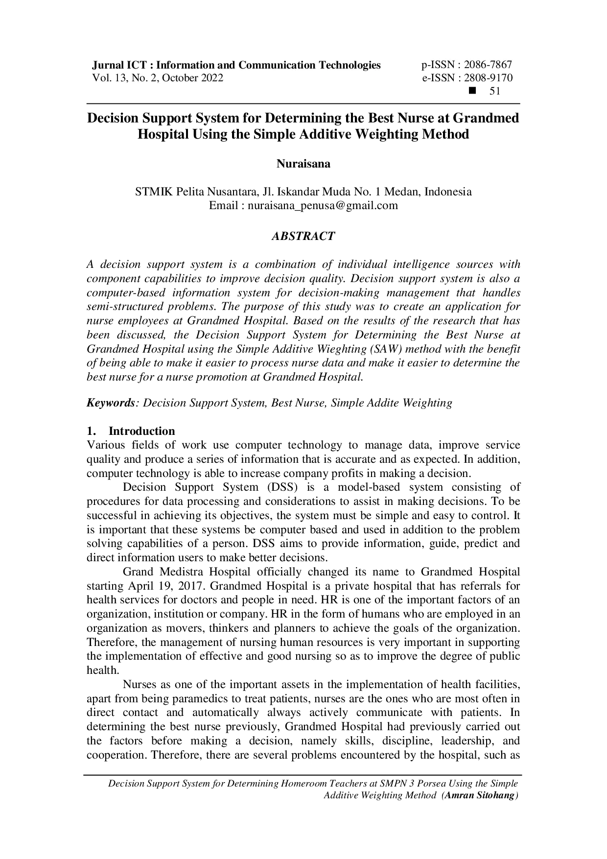juris Decision Support System for Determining the Best Nurse at Grandmed Hospital Using the Simple Additive Weighting Method