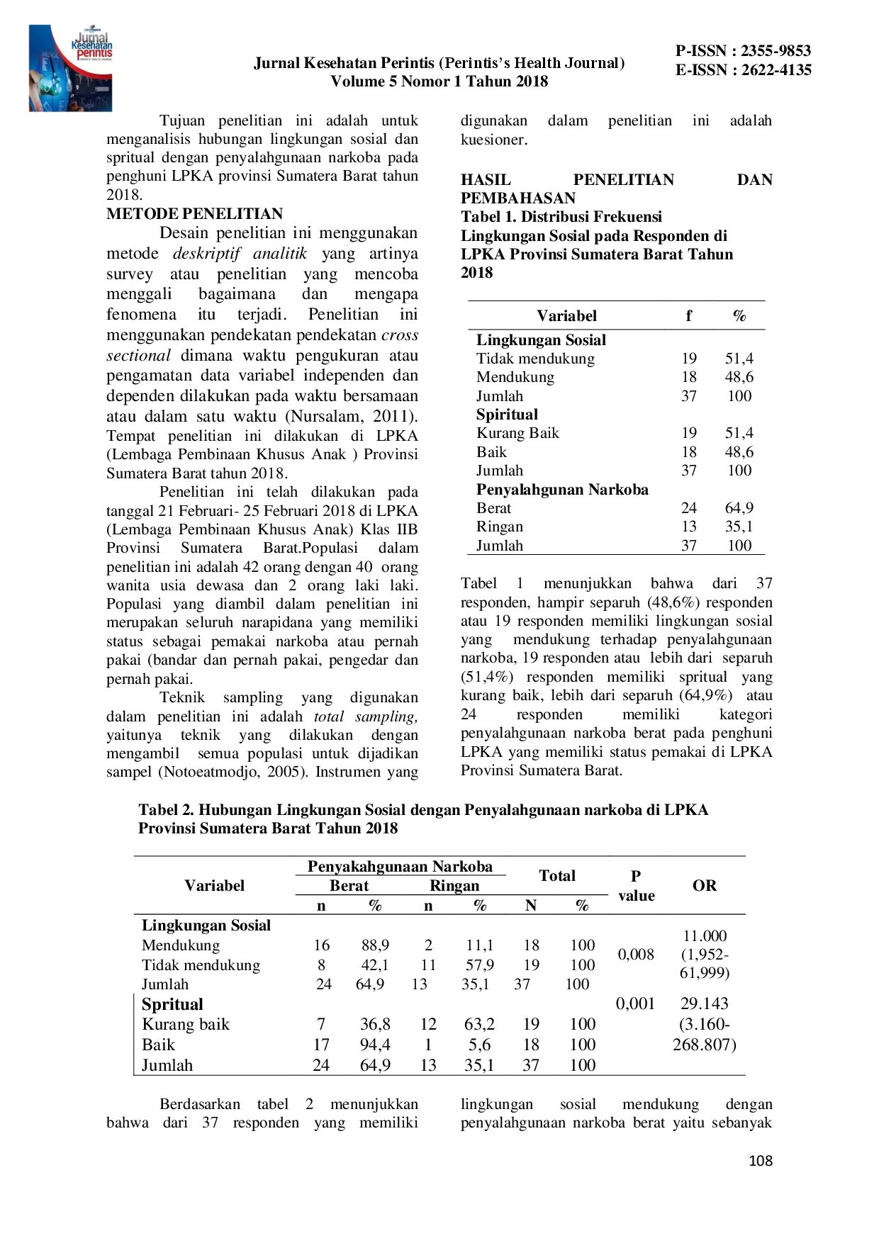 juris HUBUNGAN LINGKUNGAN SOSIAL DAN SPIRITUAL DENGAN PENYALAHGUNAAN NARKOBA PADA PENGHUNI LPKA LEMBAGA PEMBINAAN KHUSUS ANAK PROVINSI SUMATERA BARAT