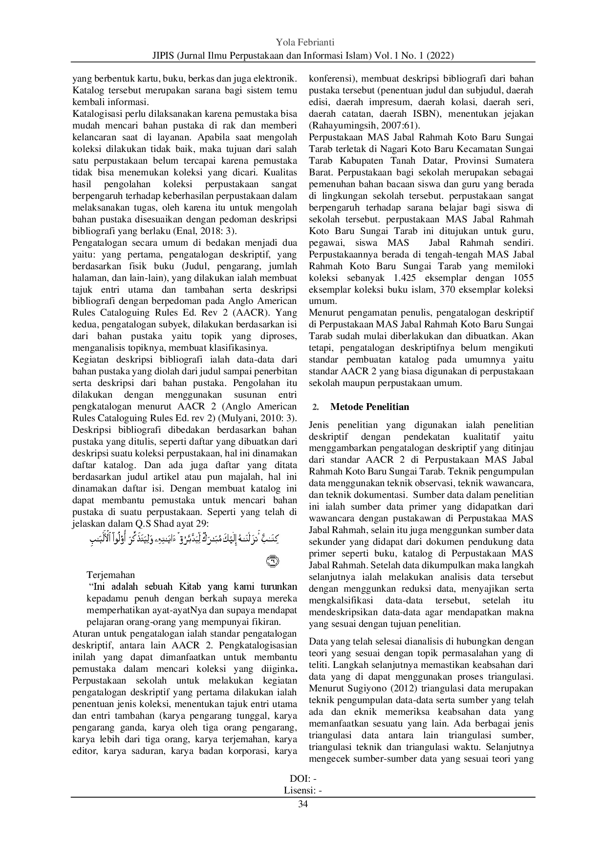 juris Analisis Pengatalogan Deskriptif di Perpustakaan Madrasah Aliyah Swasta MAS PP Jabal Rahmah Koto Baru Sungai Tarab Ditinjau dari Standar AACR 2