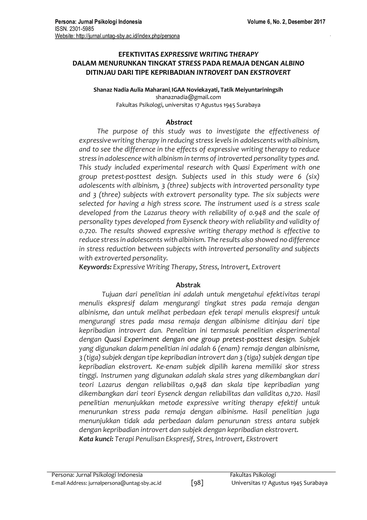 JURIS Efektivitas Expressive Writing Therapy dalam Menurunkan Tingkat Stress pada Remaja dengan Albinisme Ditinjau dari Tipe Kepribadian Introvert dan Ekstrovert