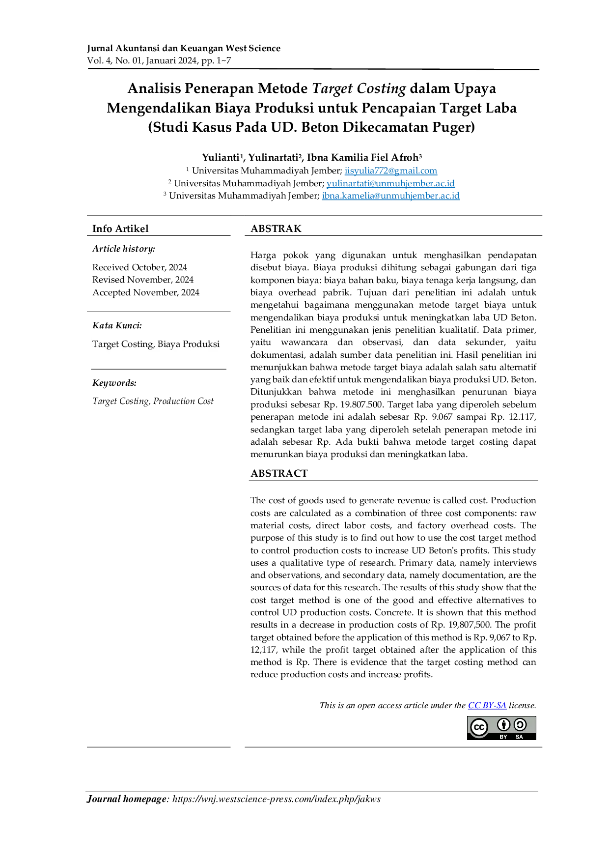 JURIS Analisis Penerapan Metode Target Costing dalam Upaya Mengendalikan Biaya Produksi untuk Pencapaian Target Laba Studi Kasus Pada UD Beton Dikecamatan Puger