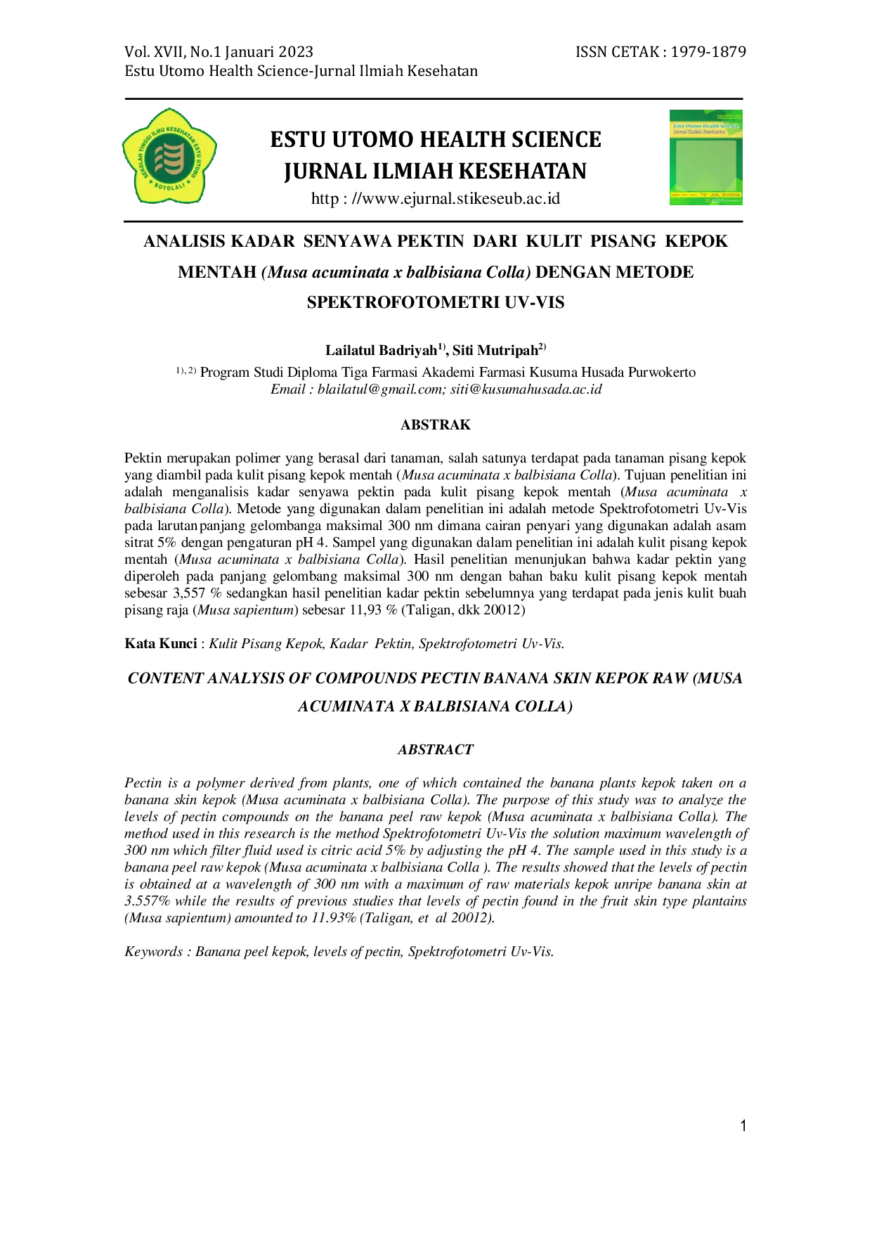 JURIS ANALISIS KADAR SENYAWA PEKTIN DARI KULIT PISANG KEPOK MENTAH Musa acuminata x balbisiana Colla DENGAN METODE SPEKTROFOTOMETRI UV VIS