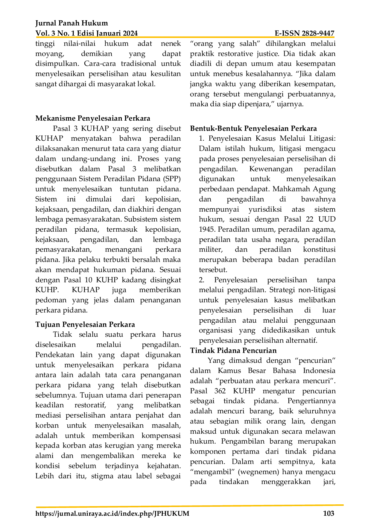 JURIS Mekanisme Penyelesaian Tindak Pidana Pencurian yang Dilakukan Secara Hukum Adat