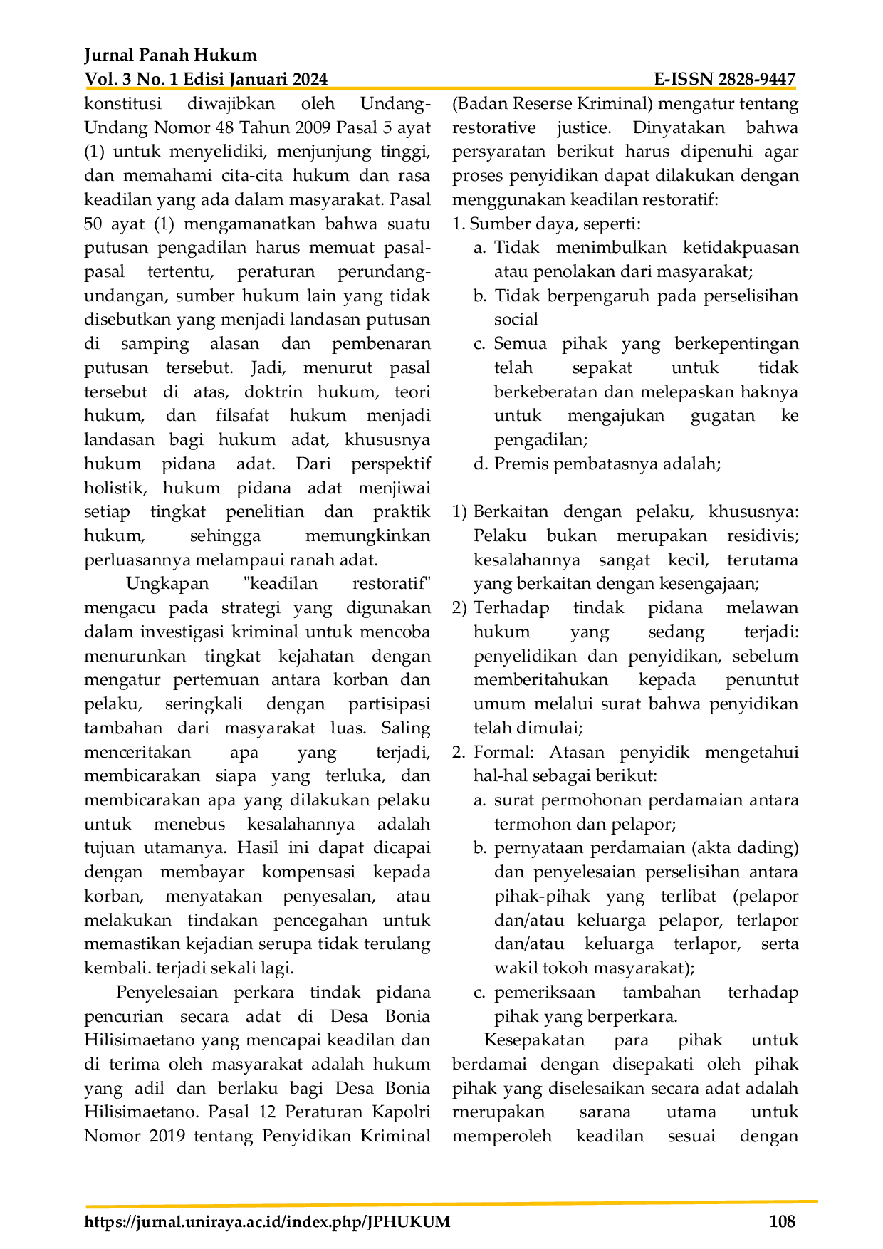 JURIS Mekanisme Penyelesaian Tindak Pidana Pencurian yang Dilakukan Secara Hukum Adat