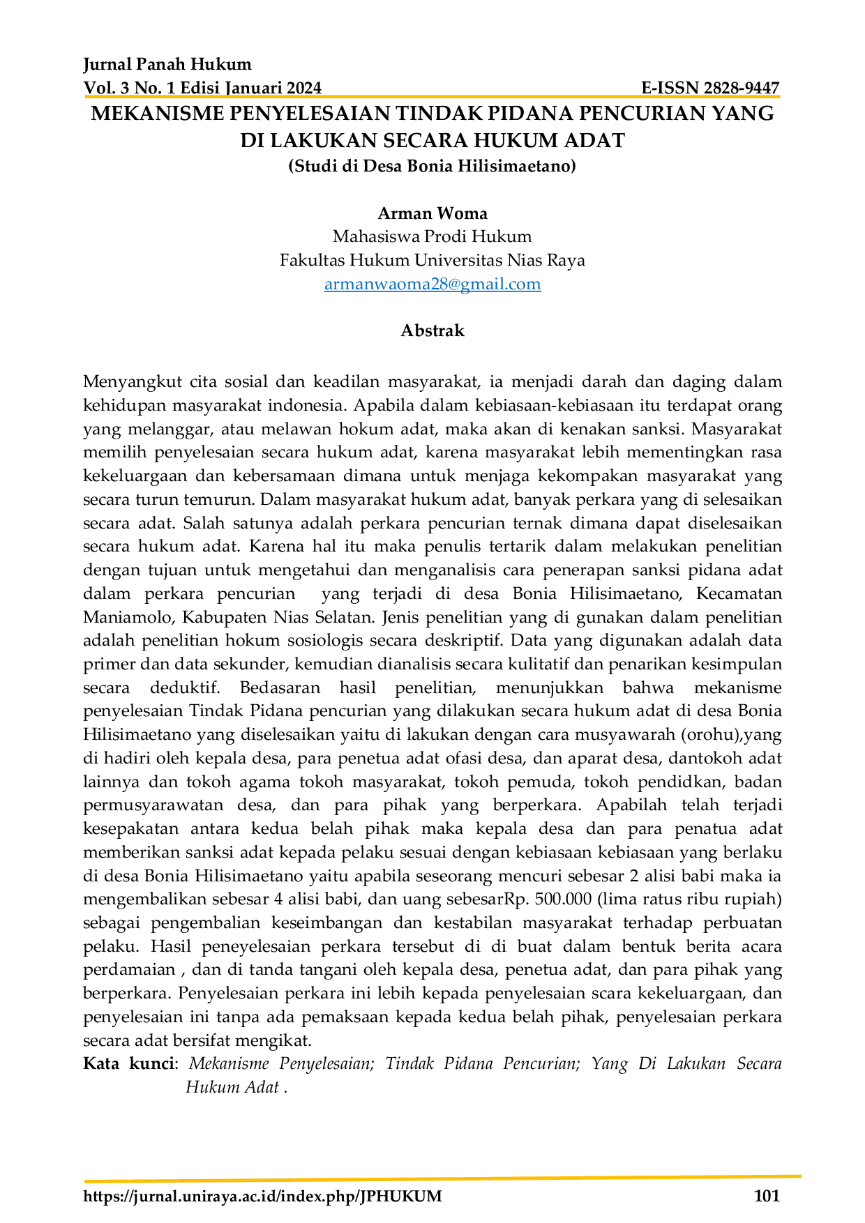 JURIS Mekanisme Penyelesaian Tindak Pidana Pencurian yang Dilakukan Secara Hukum Adat