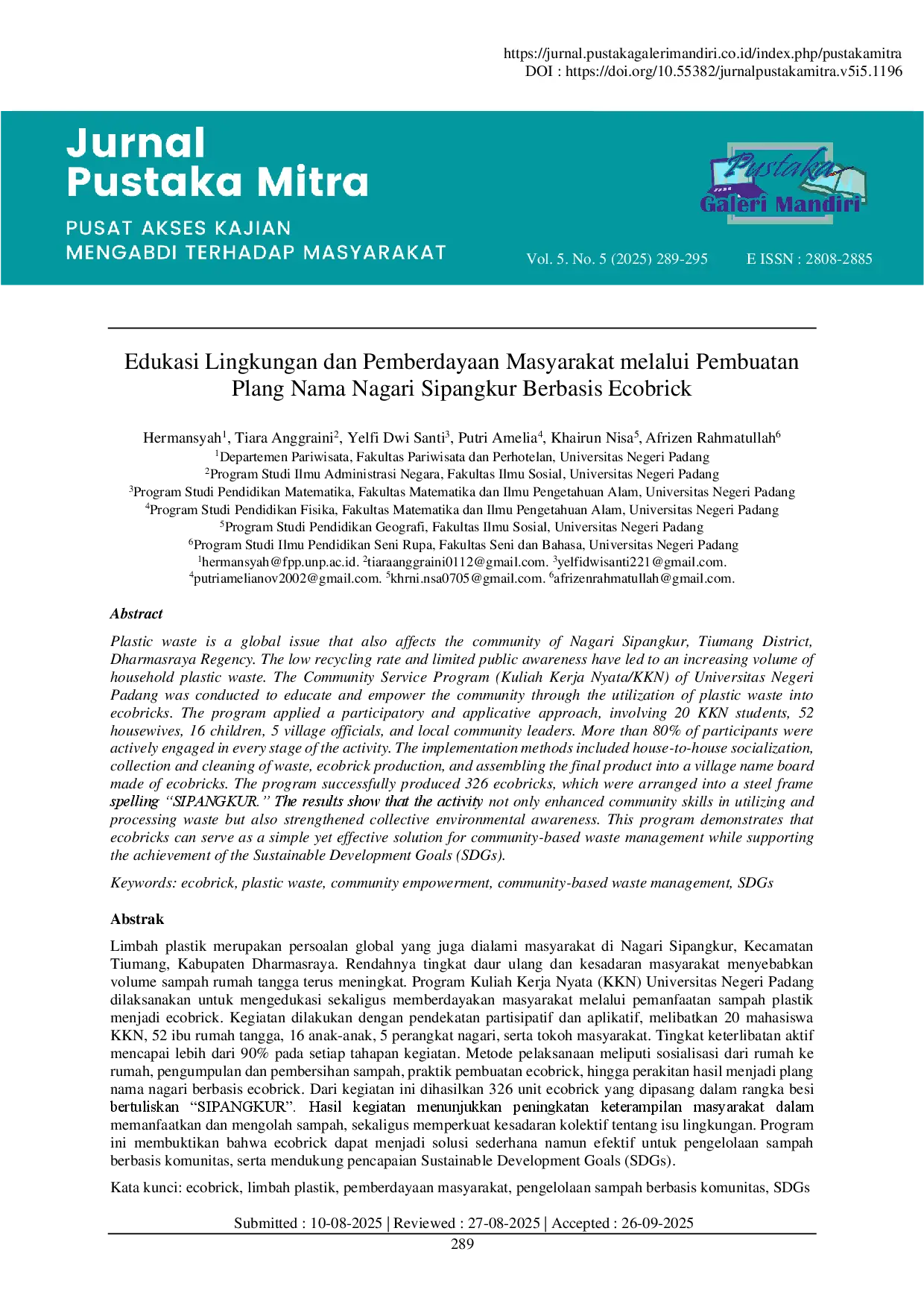 juris Edukasi Lingkungan dan Pemberdayaan Masyarakat melalui Pembuatan Plang Nama Nagari Sipangkur Berbasis Ecobrick