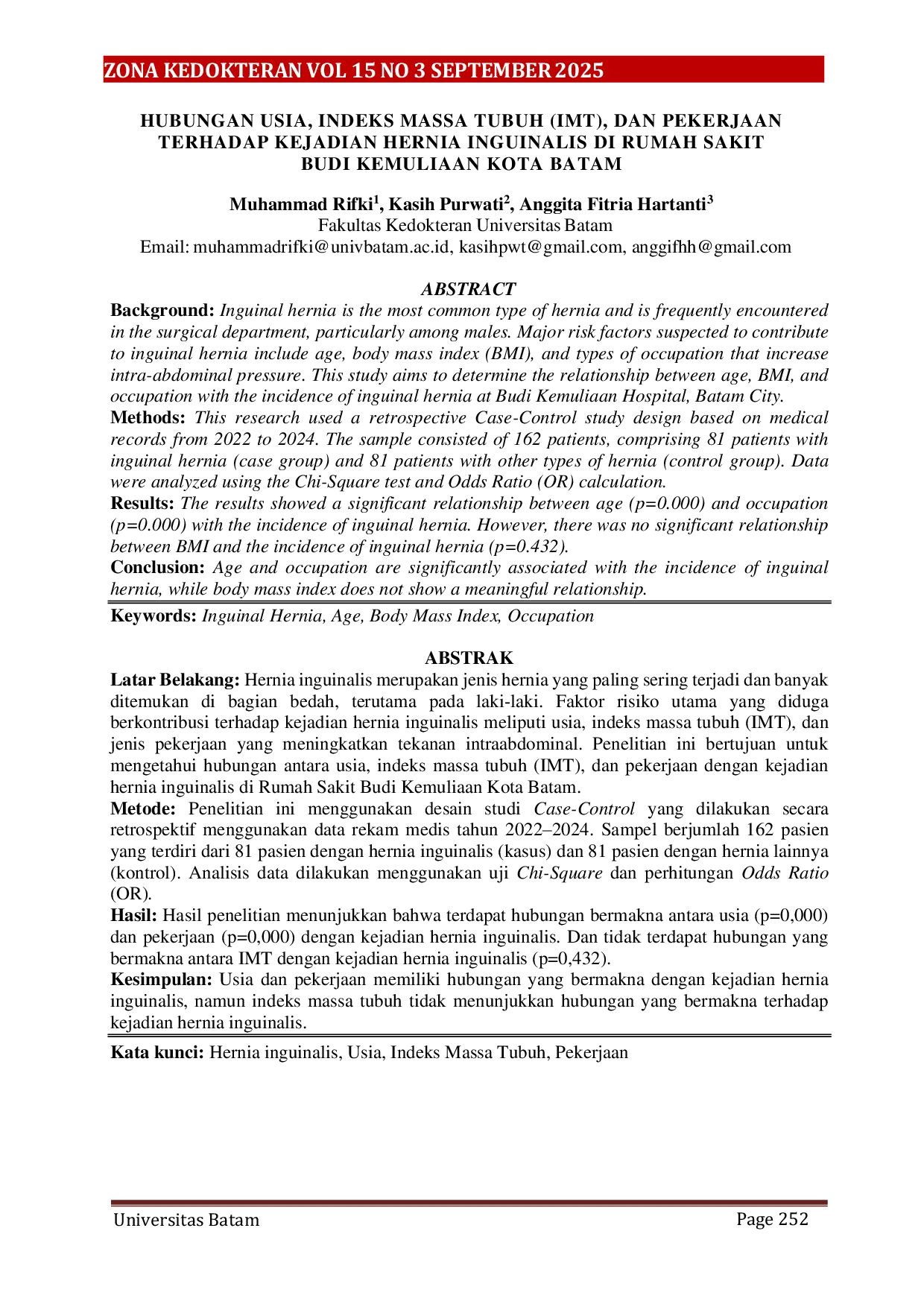 JURIS Hubungan Usia Indeks Massa Tubuh Imt Dan Pekerjaan Terhadap Kejadian Hernia Inguinalis Di Rumah Sakit Budi Kemuliaan Kota Batam