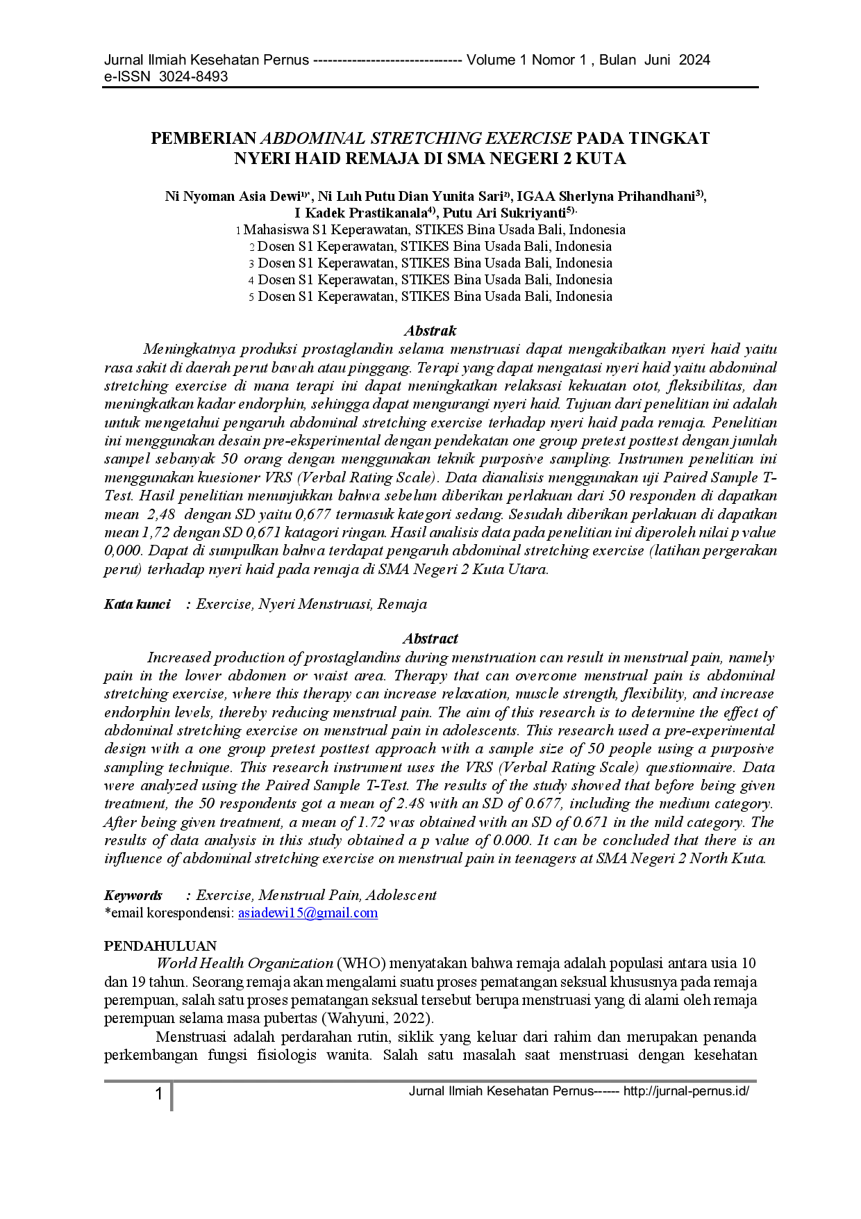 juris Pengaruh Abdominal Stretching Exercise Terhadap Nyeri Haid Pada Remaja Di SMA Negeri 2 Kuta Utara