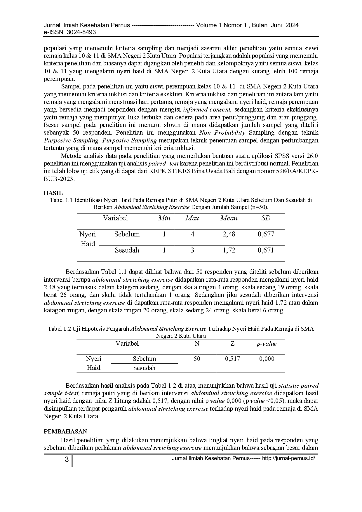 juris Pengaruh Abdominal Stretching Exercise Terhadap Nyeri Haid Pada Remaja Di SMA Negeri 2 Kuta Utara