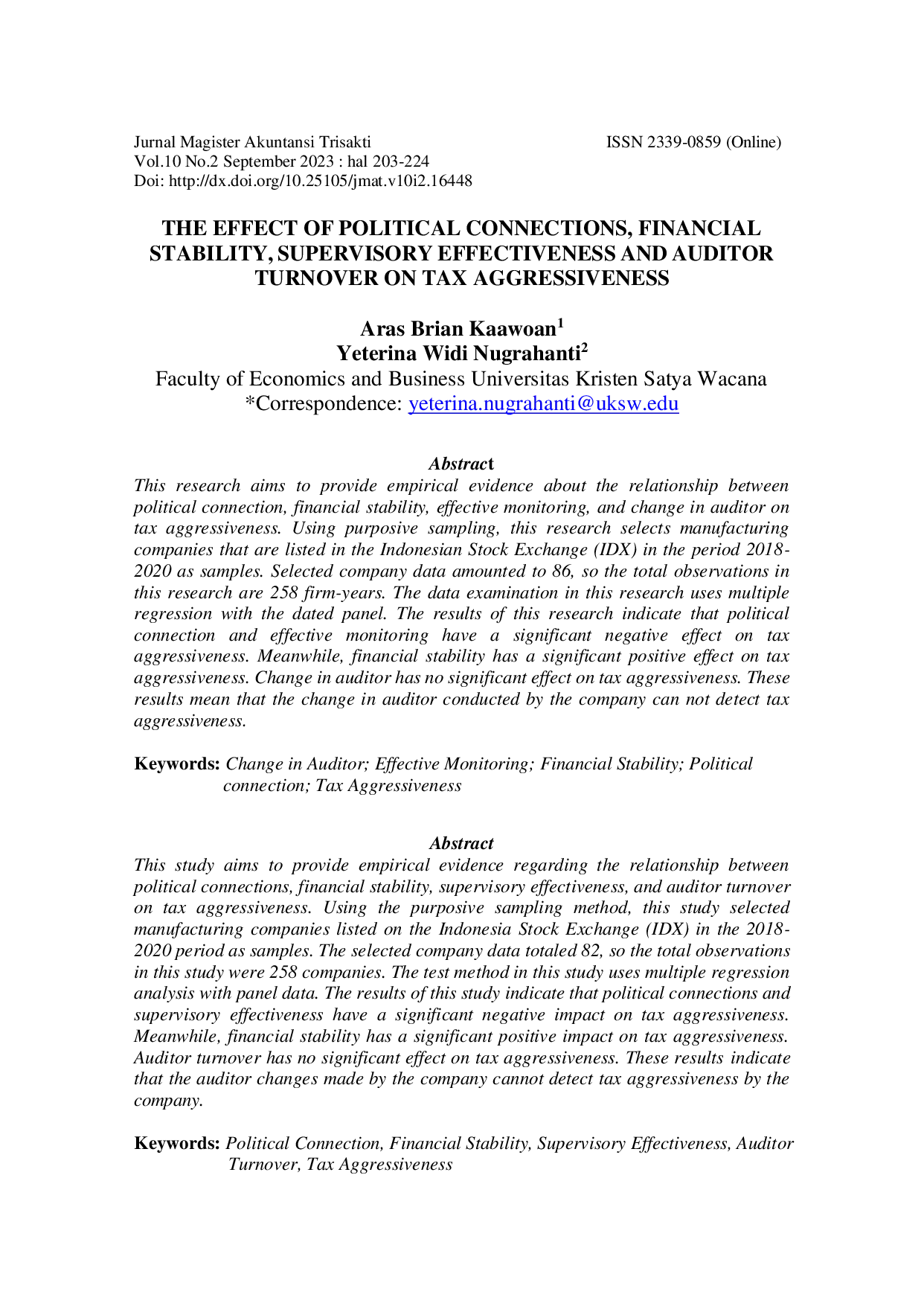 JURIS The Effect of Political Connections Financial Stability Supervisory Effectiveness and Auditor Turnover on Tax Aggressiveness